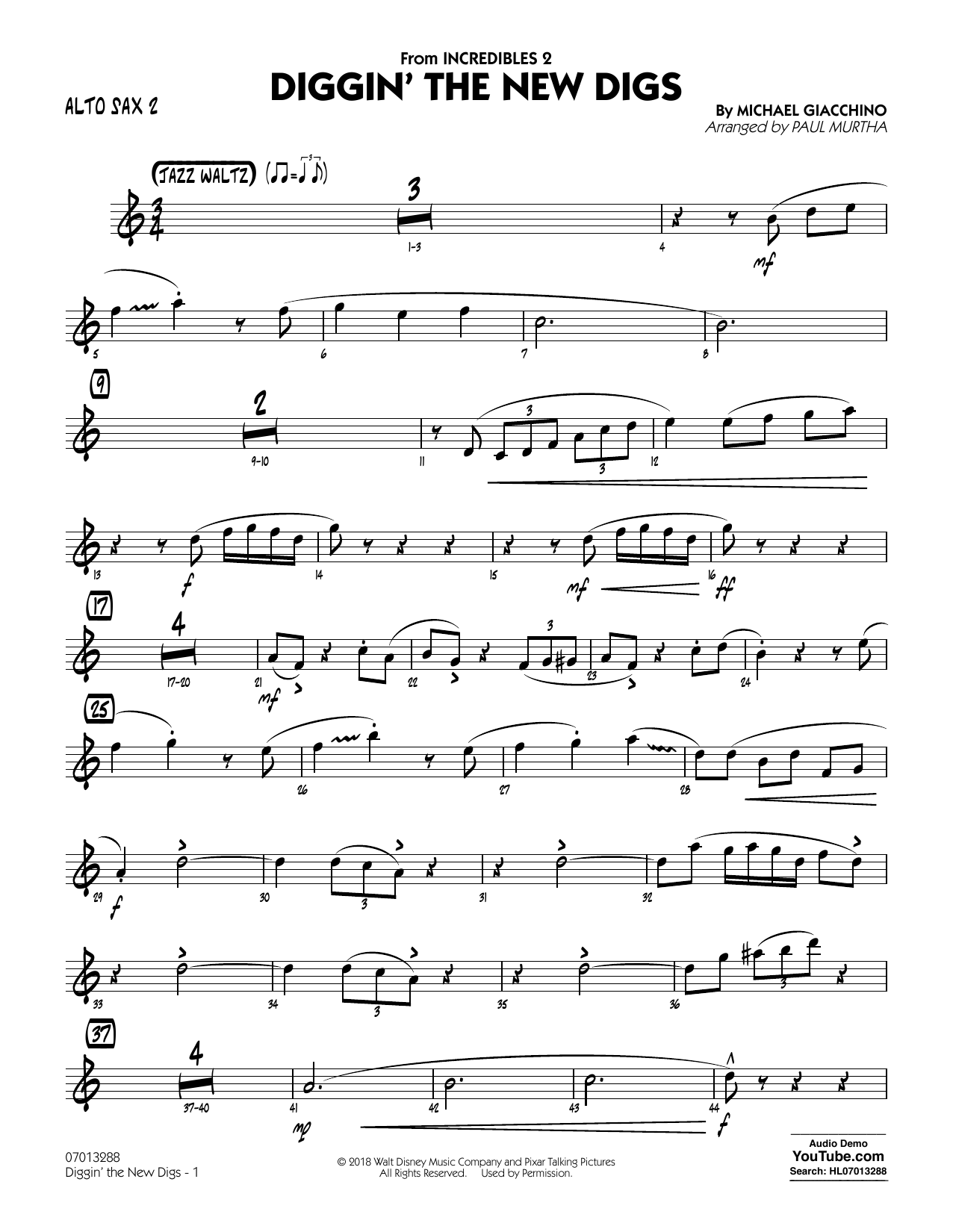 Michael Giacchino Diggin' the New Digs (from Incredibles 2) (arr. Paul Murtha) - Alto Sax 2 Sheet Music Notes & Chords for Jazz Ensemble - Download or Print PDF