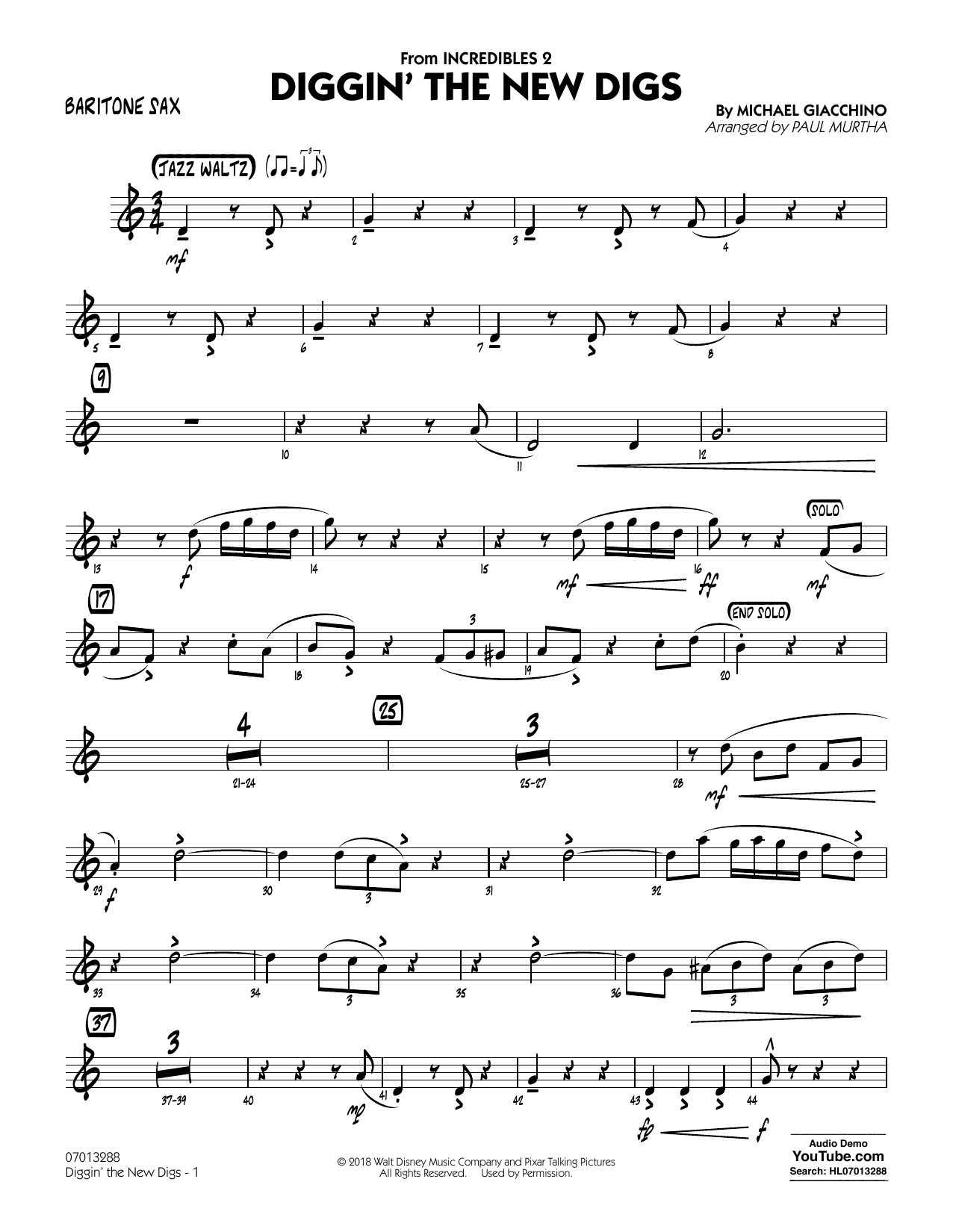 Michael Giacchino Diggin' the New Digs (from Incredibles 2) (arr. Paul Murtha) - Baritone Sax Sheet Music Notes & Chords for Jazz Ensemble - Download or Print PDF