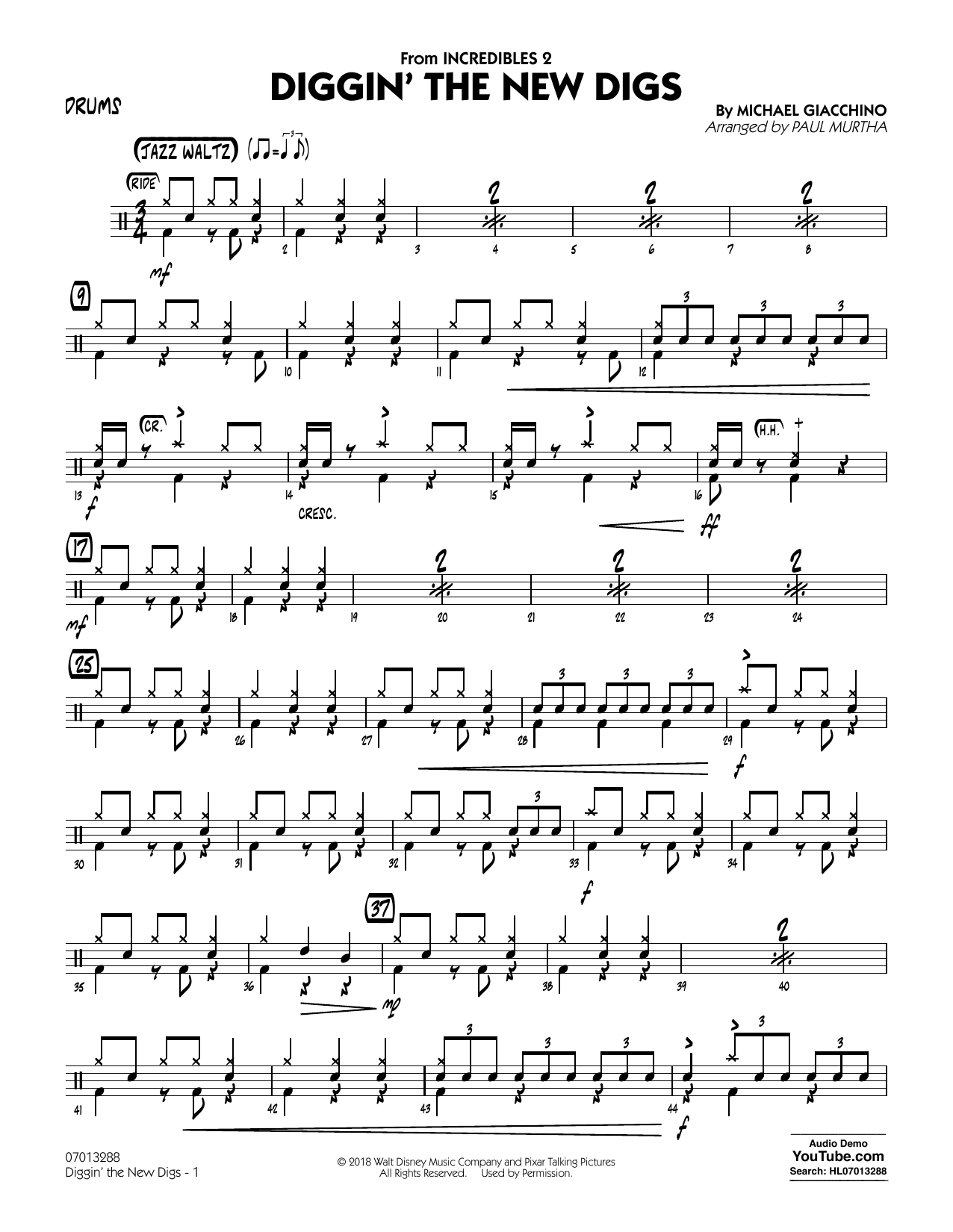 Michael Giacchino Diggin' the New Digs (from Incredibles 2) (arr. Paul Murtha) - Drums Sheet Music Notes & Chords for Jazz Ensemble - Download or Print PDF