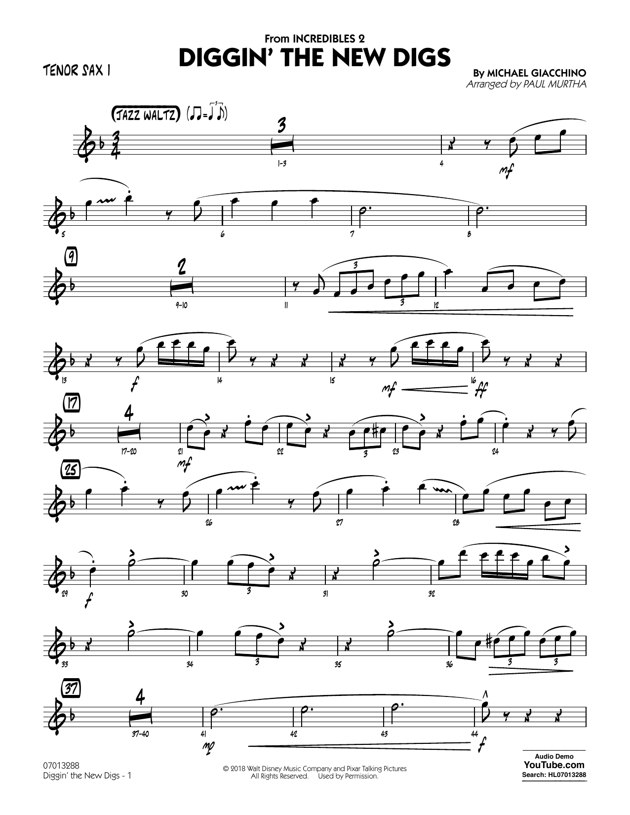 Michael Giacchino Diggin' the New Digs (from Incredibles 2) (arr. Paul Murtha) - Tenor Sax 1 Sheet Music Notes & Chords for Jazz Ensemble - Download or Print PDF