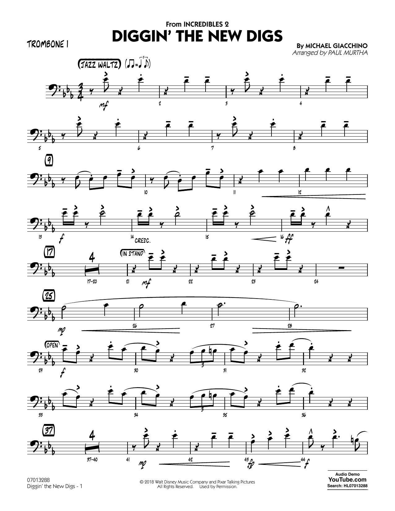 Michael Giacchino Diggin' the New Digs (from Incredibles 2) (arr. Paul Murtha) - Trombone 1 Sheet Music Notes & Chords for Jazz Ensemble - Download or Print PDF