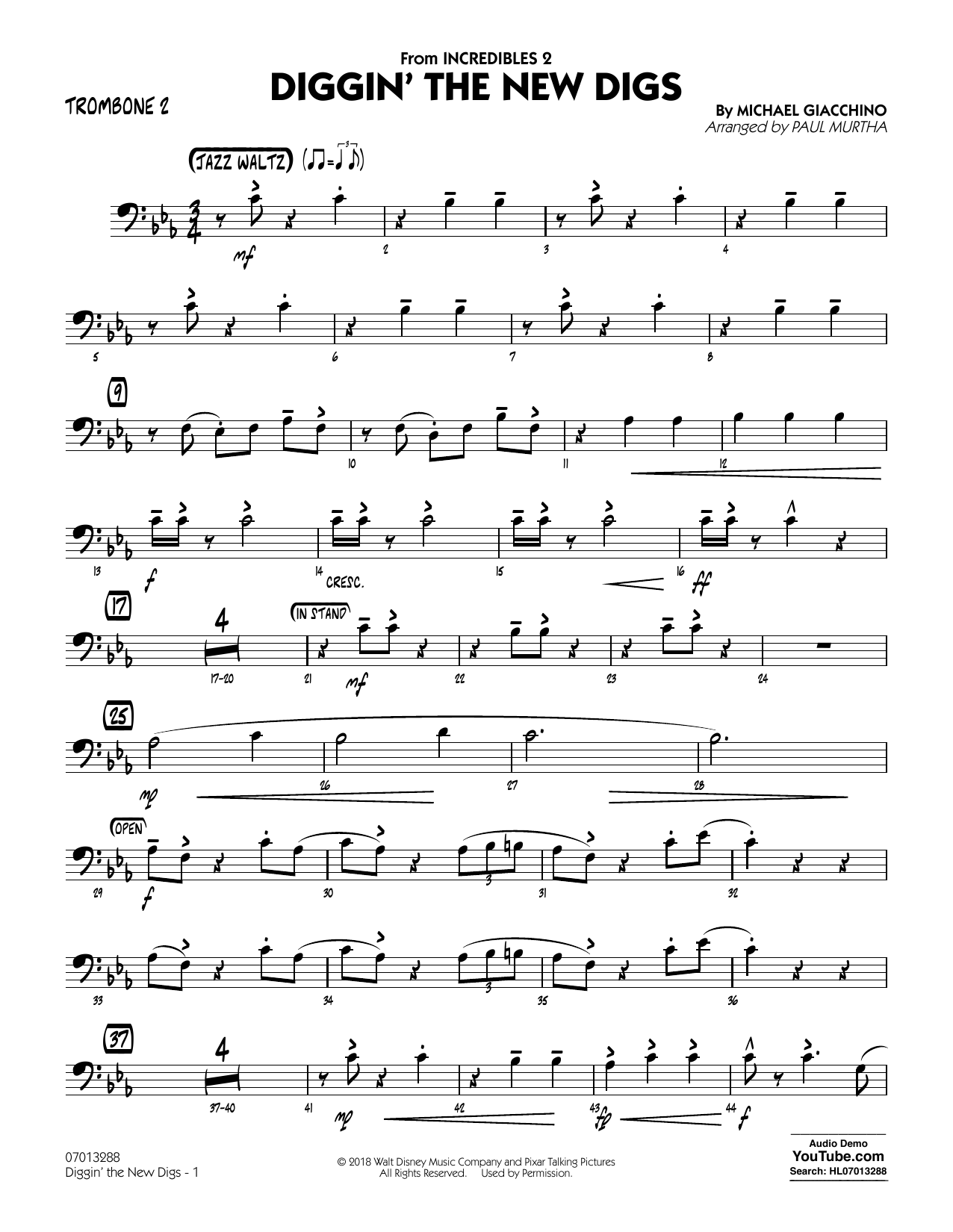 Michael Giacchino Diggin' the New Digs (from Incredibles 2) (arr. Paul Murtha) - Trombone 2 Sheet Music Notes & Chords for Jazz Ensemble - Download or Print PDF