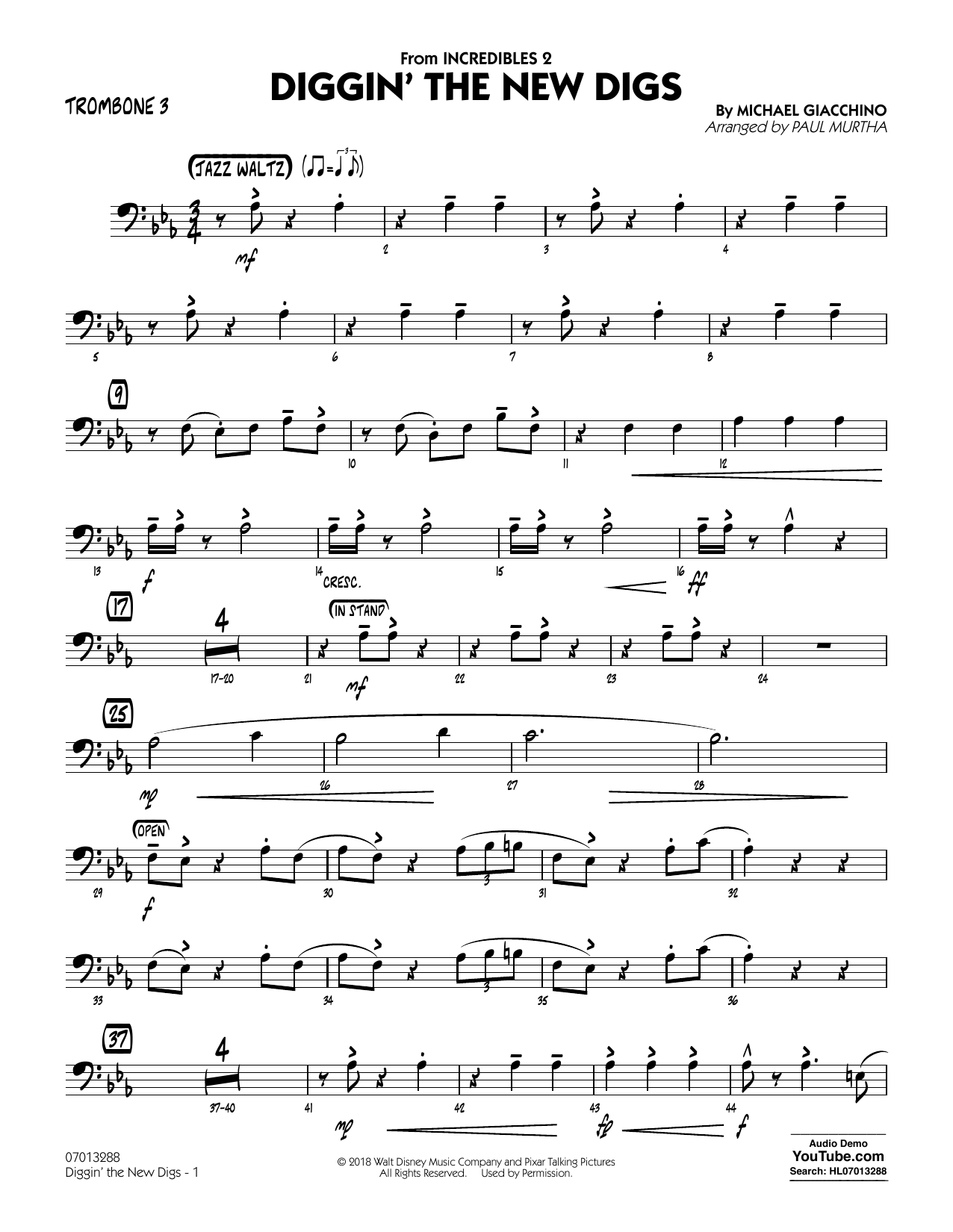 Michael Giacchino Diggin' the New Digs (from Incredibles 2) (arr. Paul Murtha) - Trombone 3 Sheet Music Notes & Chords for Jazz Ensemble - Download or Print PDF