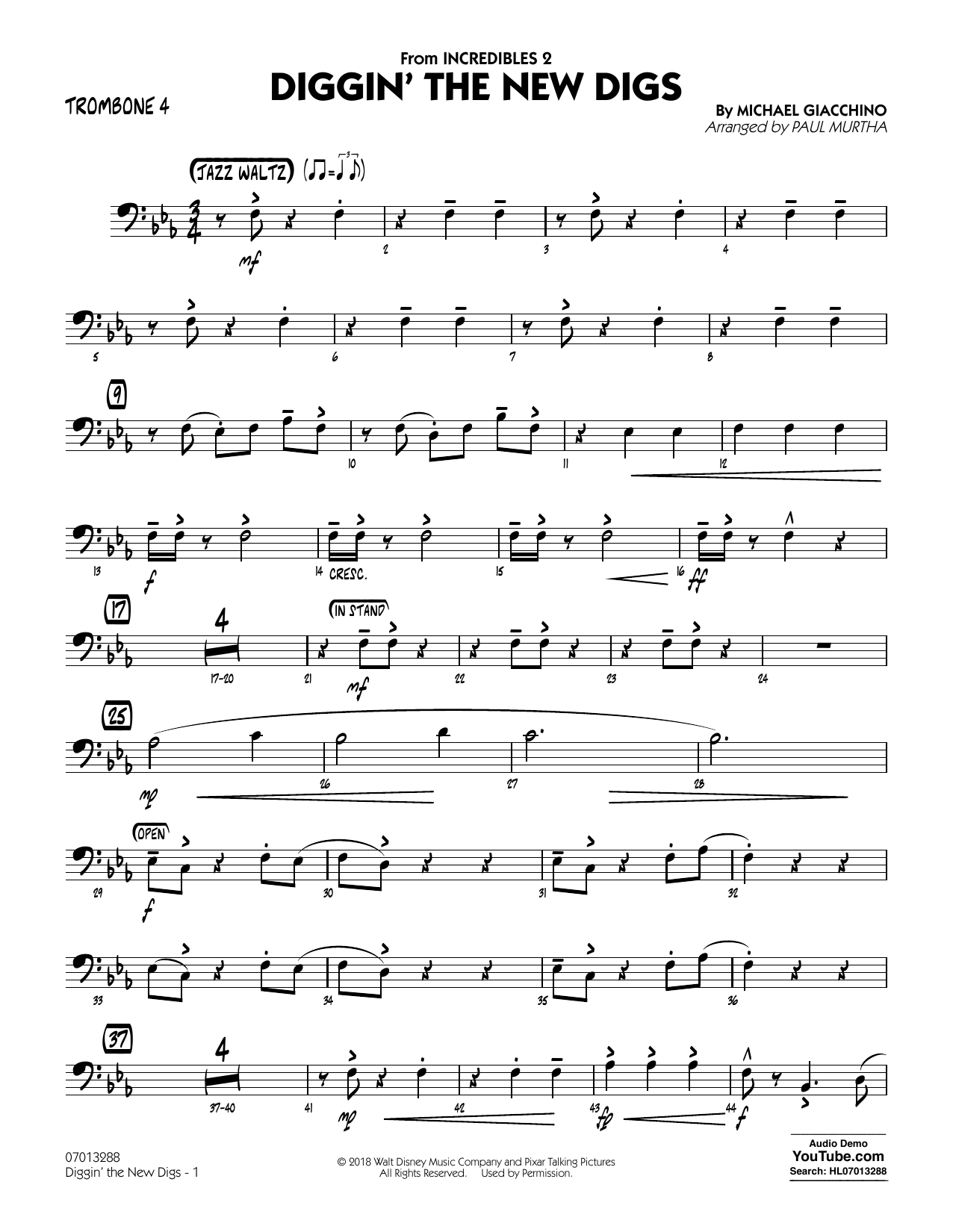 Michael Giacchino Diggin' the New Digs (from Incredibles 2) (arr. Paul Murtha) - Trombone 4 Sheet Music Notes & Chords for Jazz Ensemble - Download or Print PDF