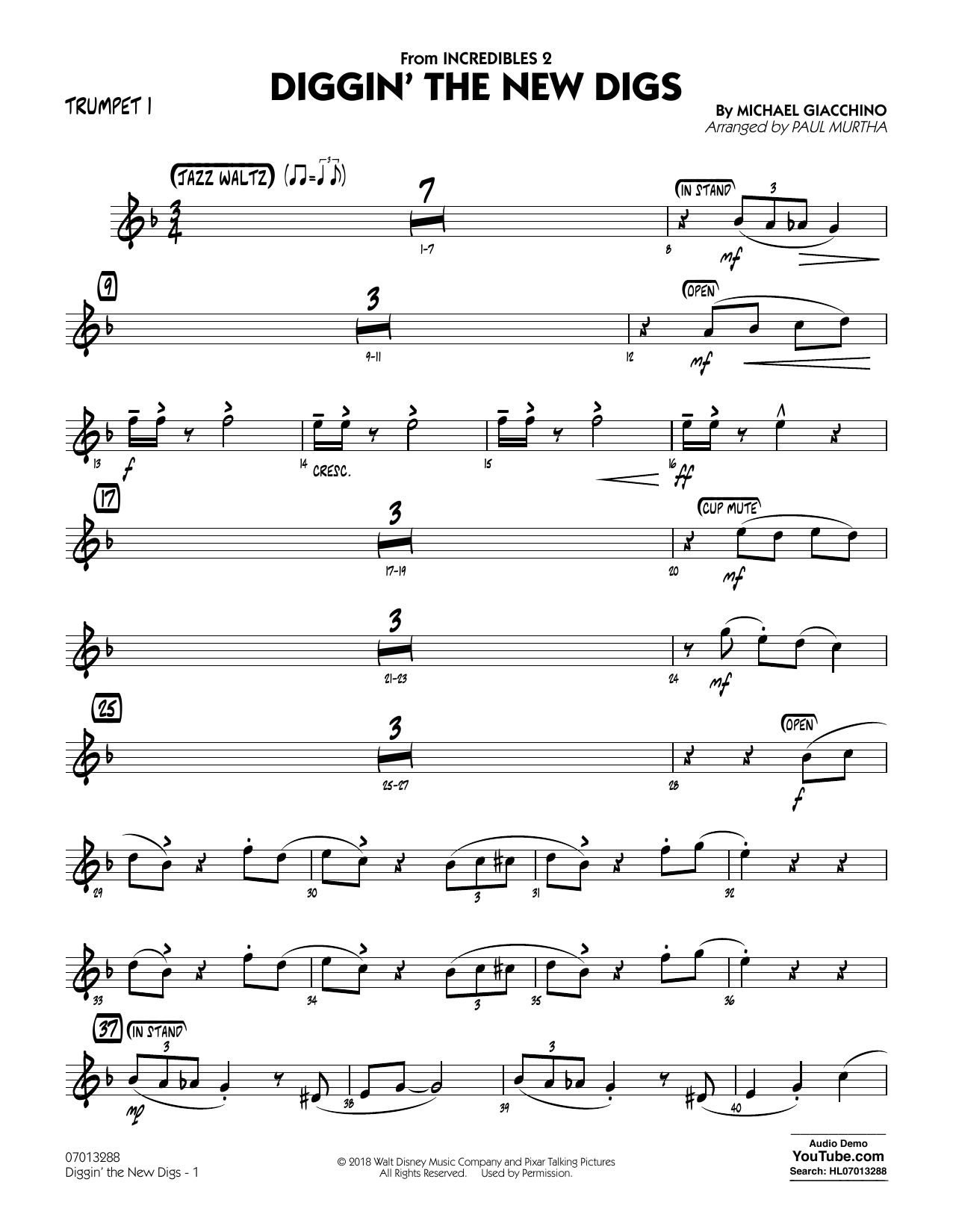 Michael Giacchino Diggin' the New Digs (from Incredibles 2) (arr. Paul Murtha) - Trumpet 1 Sheet Music Notes & Chords for Jazz Ensemble - Download or Print PDF