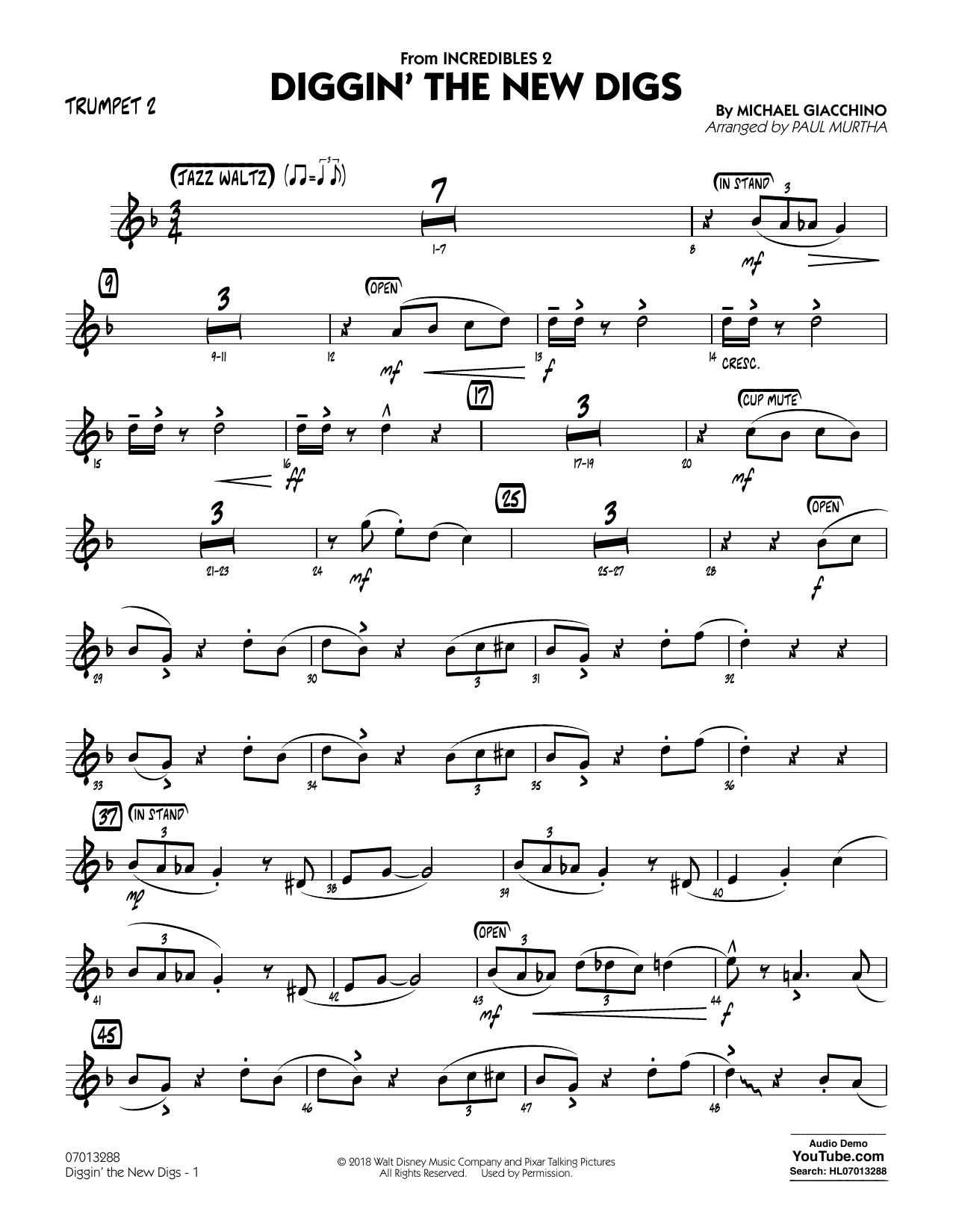 Michael Giacchino Diggin' the New Digs (from Incredibles 2) (arr. Paul Murtha) - Trumpet 2 Sheet Music Notes & Chords for Jazz Ensemble - Download or Print PDF