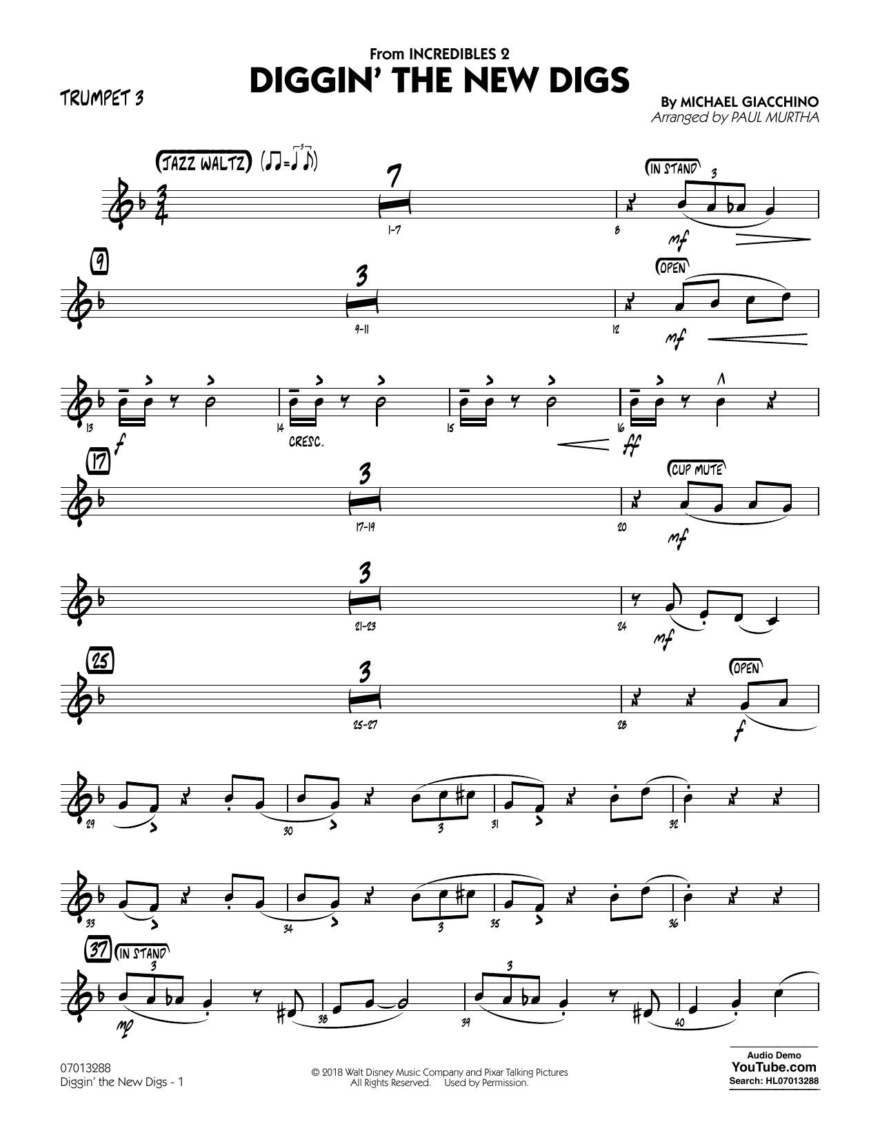Michael Giacchino Diggin' the New Digs (from Incredibles 2) (arr. Paul Murtha) - Trumpet 3 Sheet Music Notes & Chords for Jazz Ensemble - Download or Print PDF