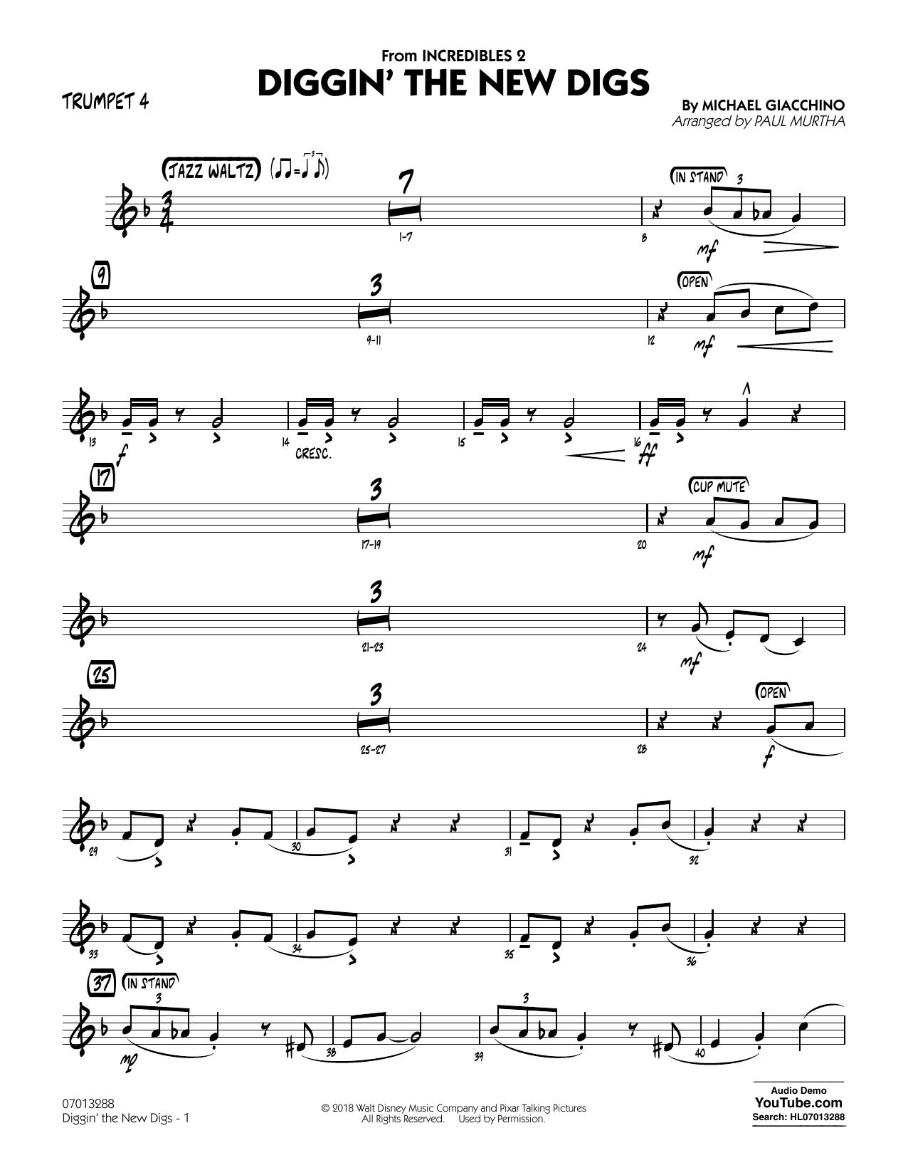 Michael Giacchino Diggin' the New Digs (from Incredibles 2) (arr. Paul Murtha) - Trumpet 4 Sheet Music Notes & Chords for Jazz Ensemble - Download or Print PDF