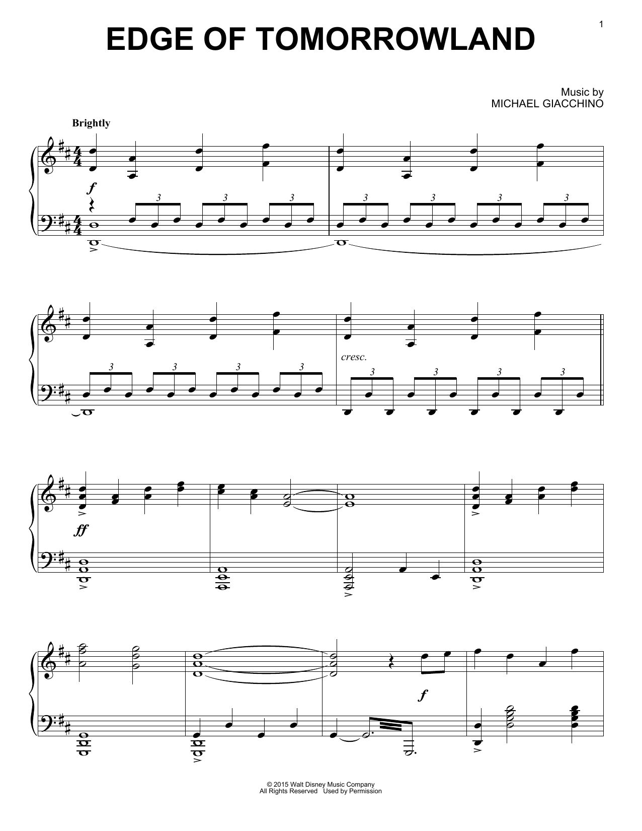 Michael Giacchino Edge Of Tomorrowland Sheet Music Notes & Chords for Piano - Download or Print PDF
