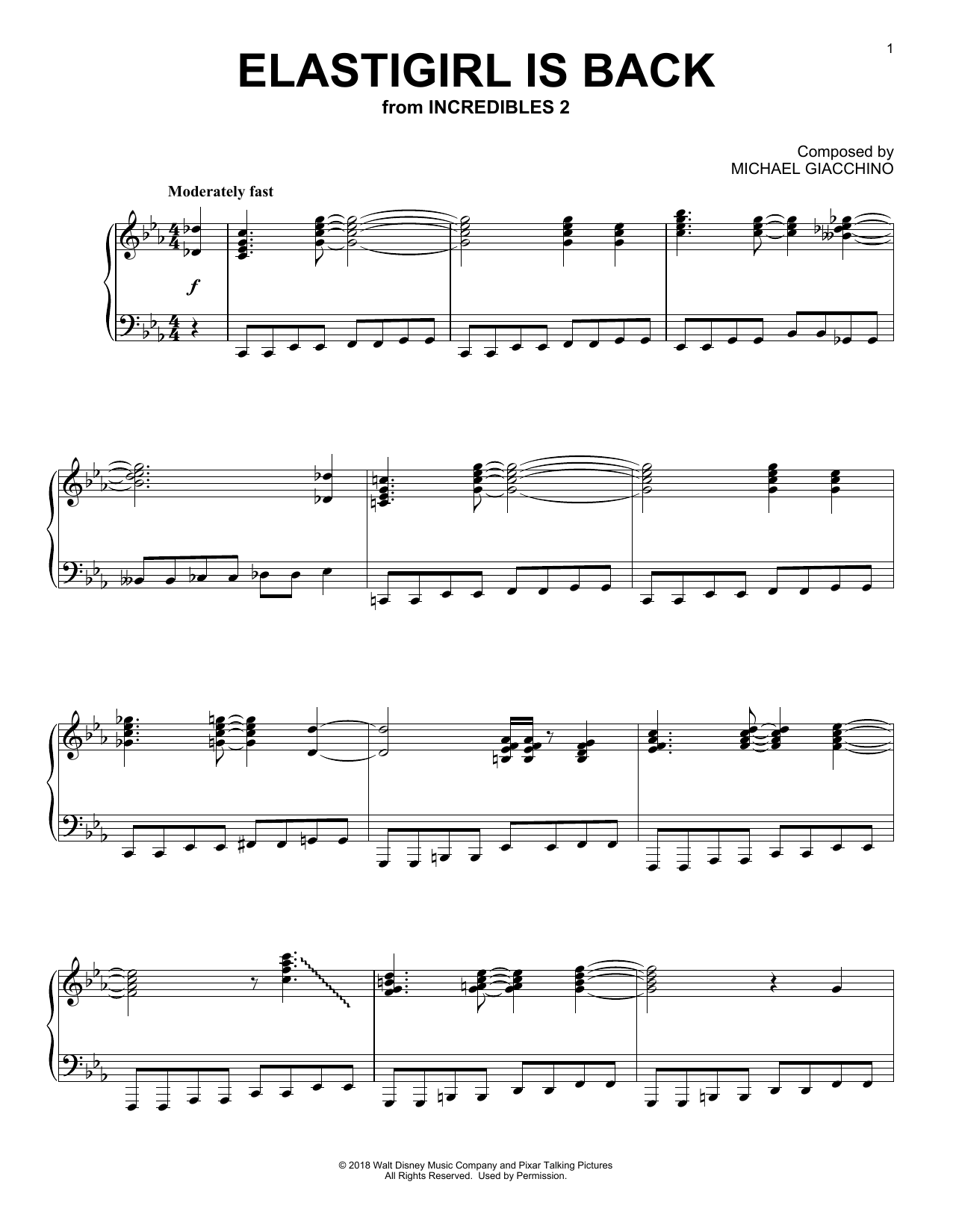 Michael Giacchino Elastigirl Is Back (from Incredibles 2) Sheet Music Notes & Chords for Piano - Download or Print PDF