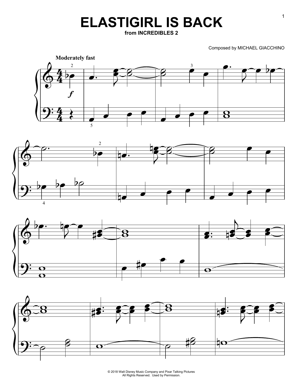 Michael Giacchino Elastigirl Is Back (from Incredibles) Sheet Music Notes & Chords for Big Note Piano - Download or Print PDF