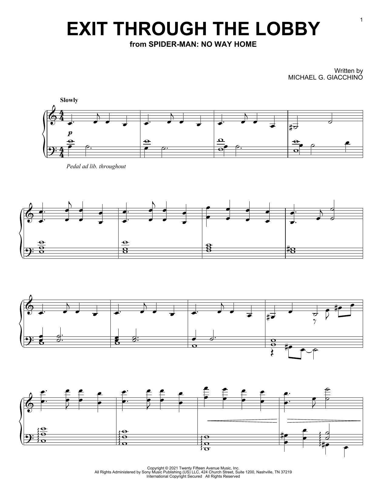 Michael Giacchino Exit Through The Lobby (from Spider-Man: No Way Home) Sheet Music Notes & Chords for Piano Solo - Download or Print PDF