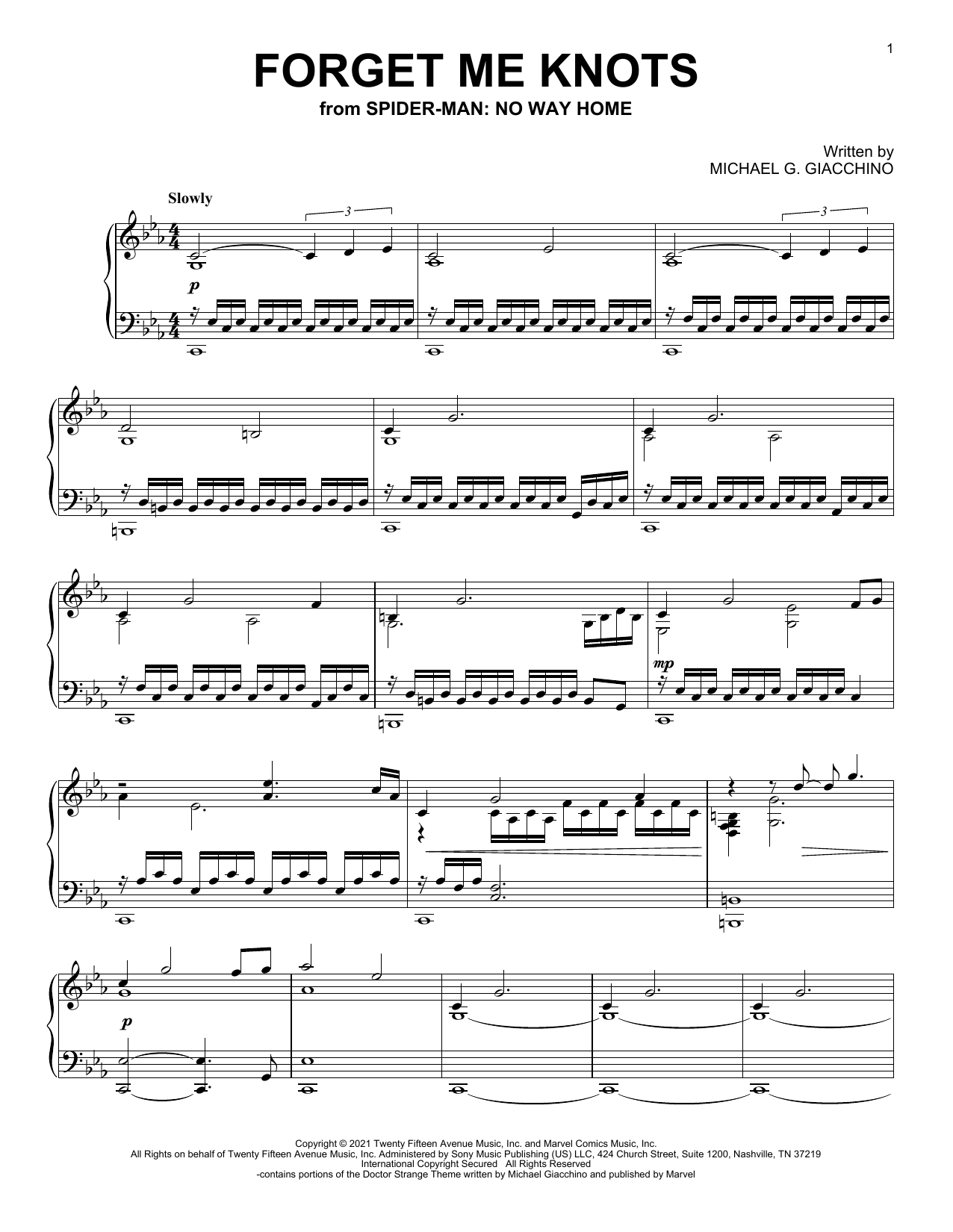 Michael Giacchino Forget Me Knots (from Spider-Man: No Way Home) Sheet Music Notes & Chords for Piano Solo - Download or Print PDF
