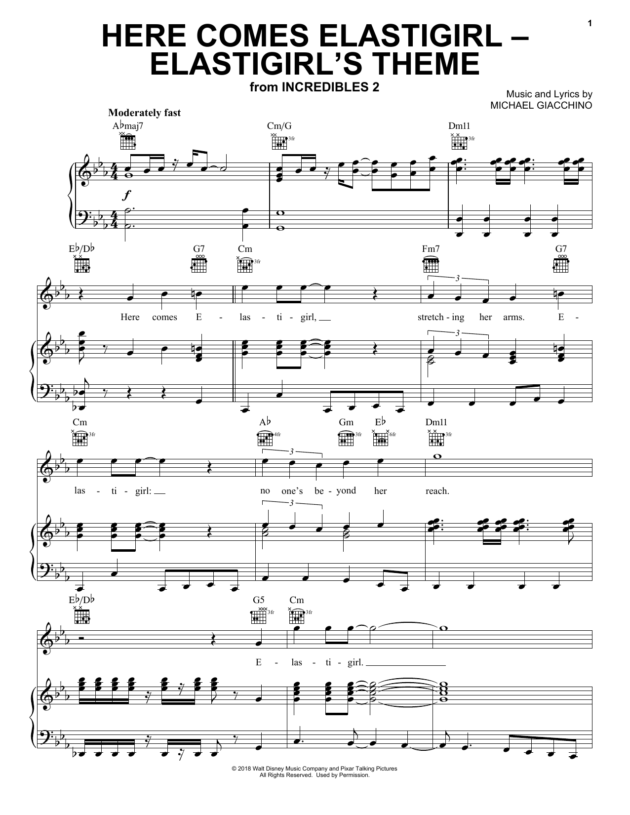 Michael Giacchino Here Comes Elastigirl - Elastigirl's Theme (from Incredibles 2) Sheet Music Notes & Chords for Piano, Vocal & Guitar (Right-Hand Melody) - Download or Print PDF