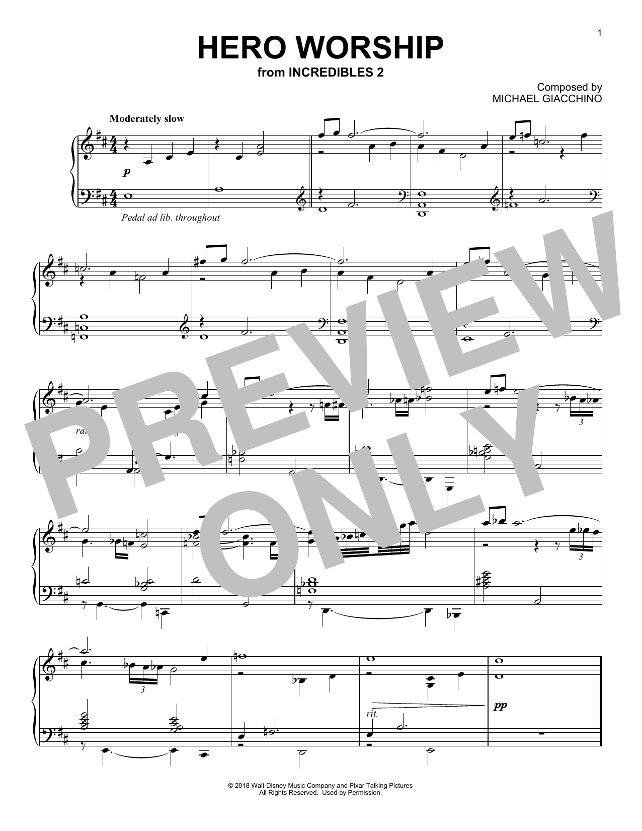 Michael Giacchino Hero Worship (from Incredibles 2) Sheet Music Notes & Chords for Piano - Download or Print PDF