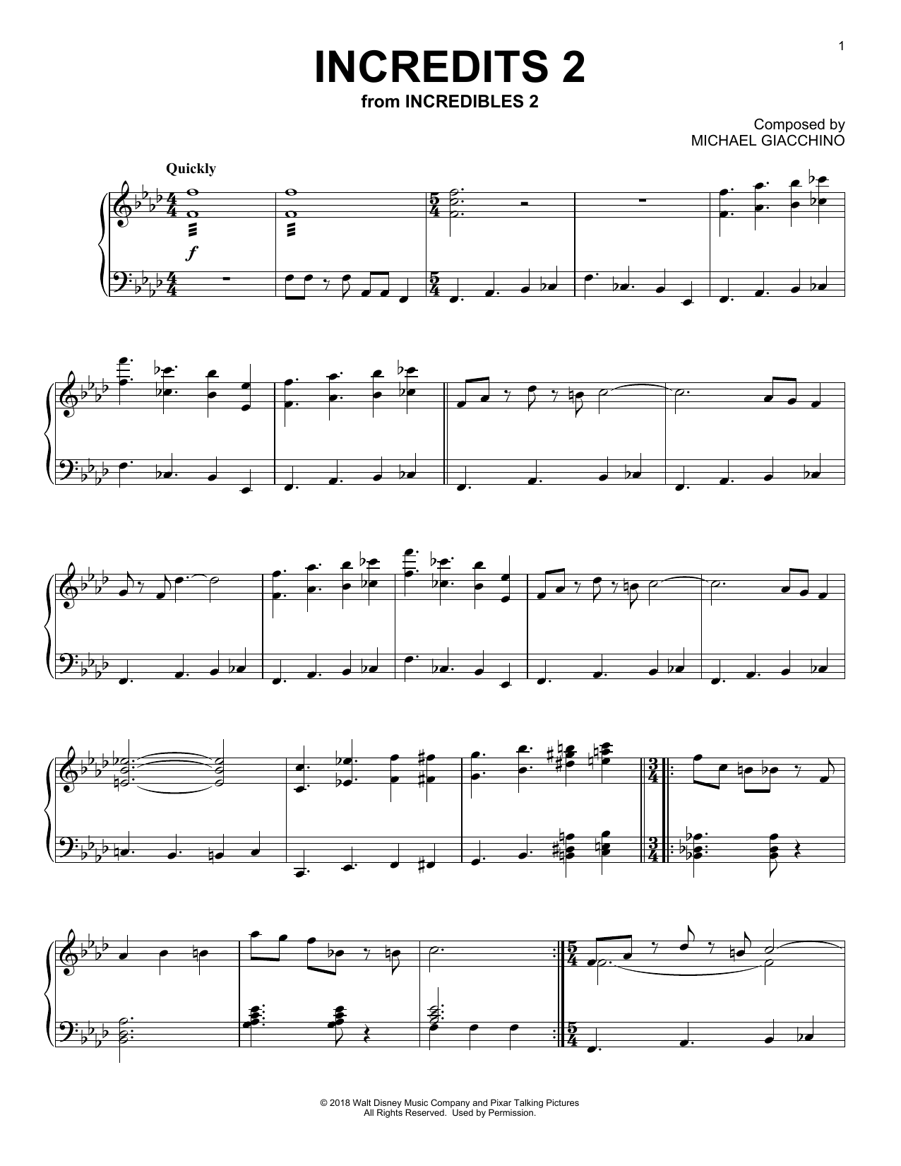 Michael Giacchino Incredits 2 (from Incredibles 2) Sheet Music Notes & Chords for Piano - Download or Print PDF