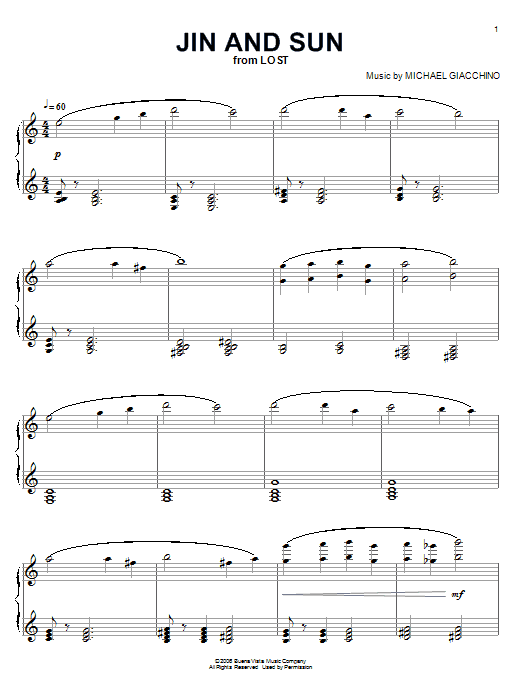 Michael Giacchino Jin And Sun Sheet Music Notes & Chords for Piano - Download or Print PDF