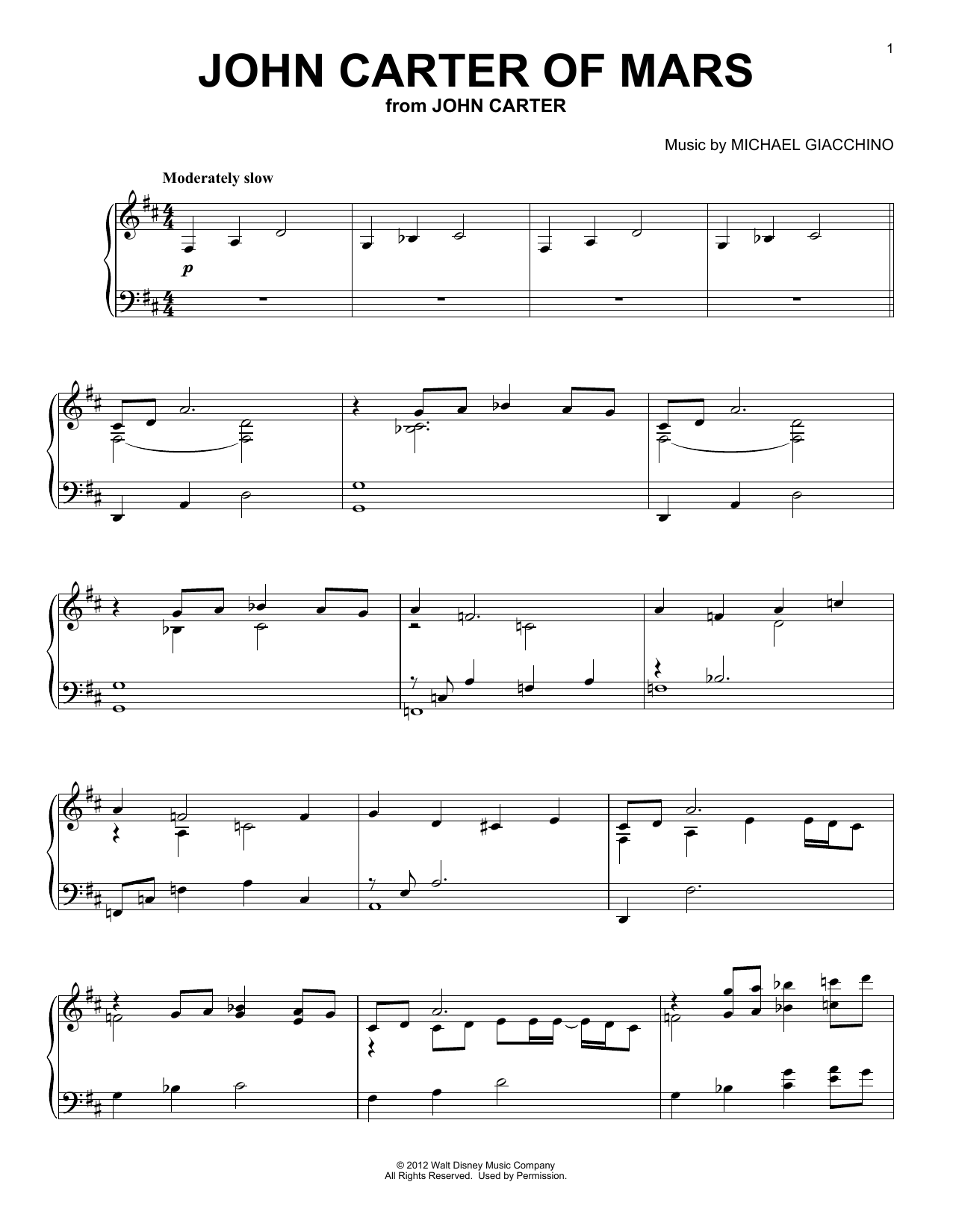 Michael Giacchino John Carter Of Mars (from John Carter) Sheet Music Notes & Chords for Piano Solo - Download or Print PDF