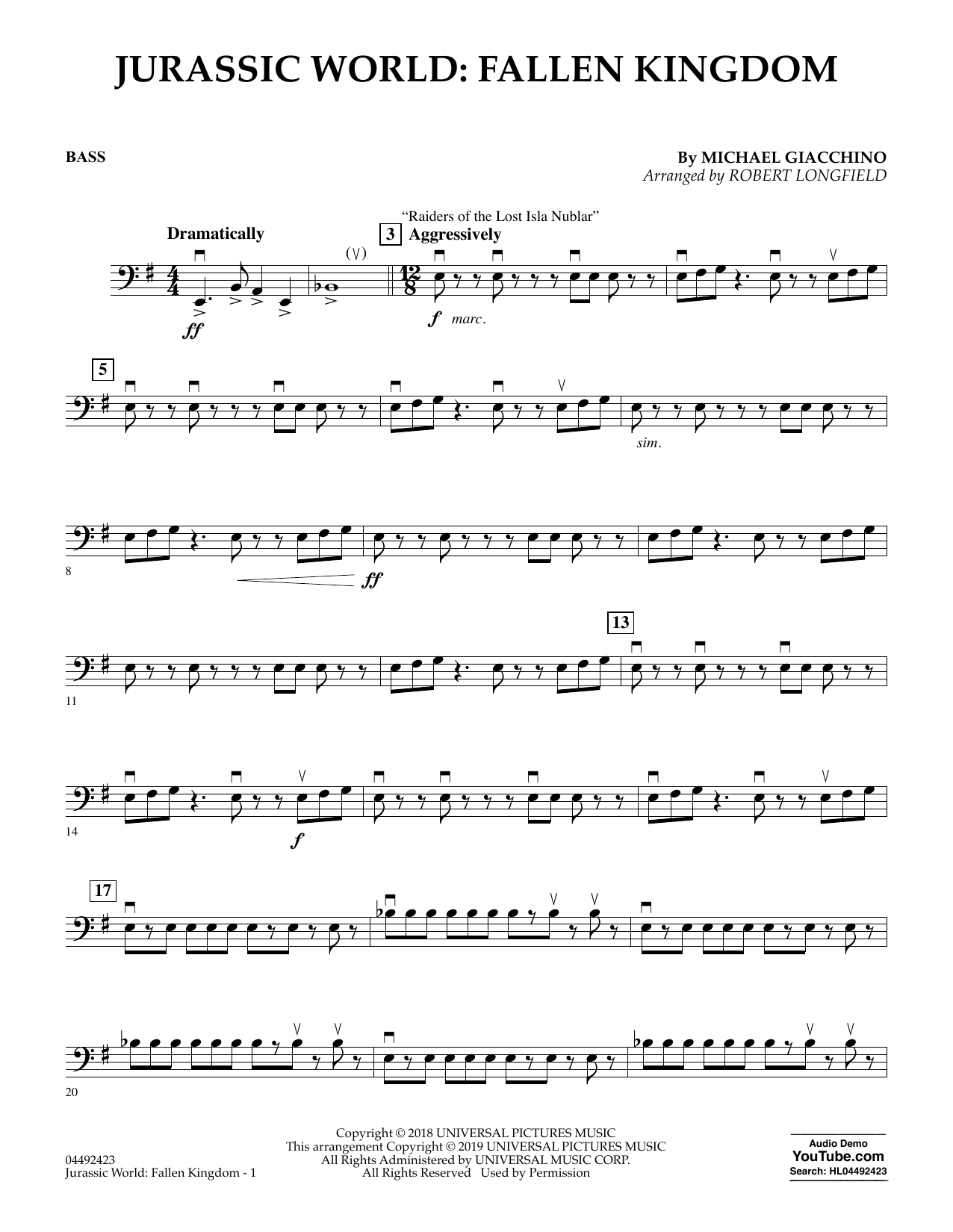 Michael Giacchino Jurassic World: Fallen Kingdom (arr. Robert Longfield) - Bass Sheet Music Notes & Chords for Orchestra - Download or Print PDF