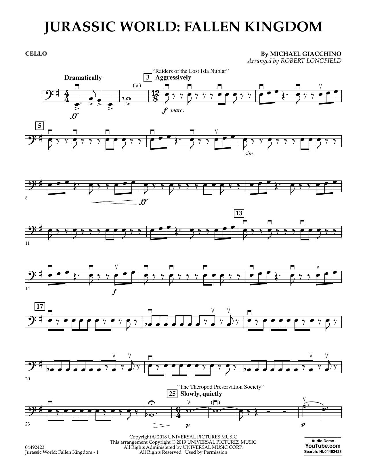 Michael Giacchino Jurassic World: Fallen Kingdom (arr. Robert Longfield) - Cello Sheet Music Notes & Chords for Orchestra - Download or Print PDF