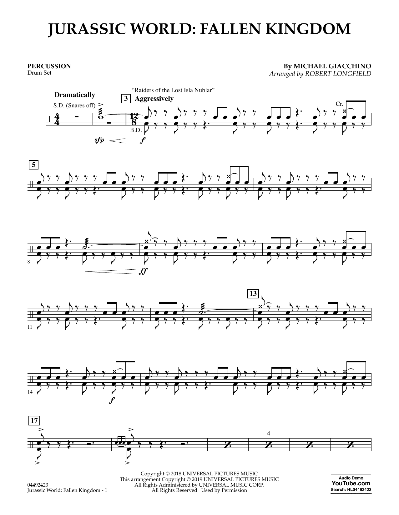 Michael Giacchino Jurassic World: Fallen Kingdom (arr. Robert Longfield) - Percussion Sheet Music Notes & Chords for Orchestra - Download or Print PDF