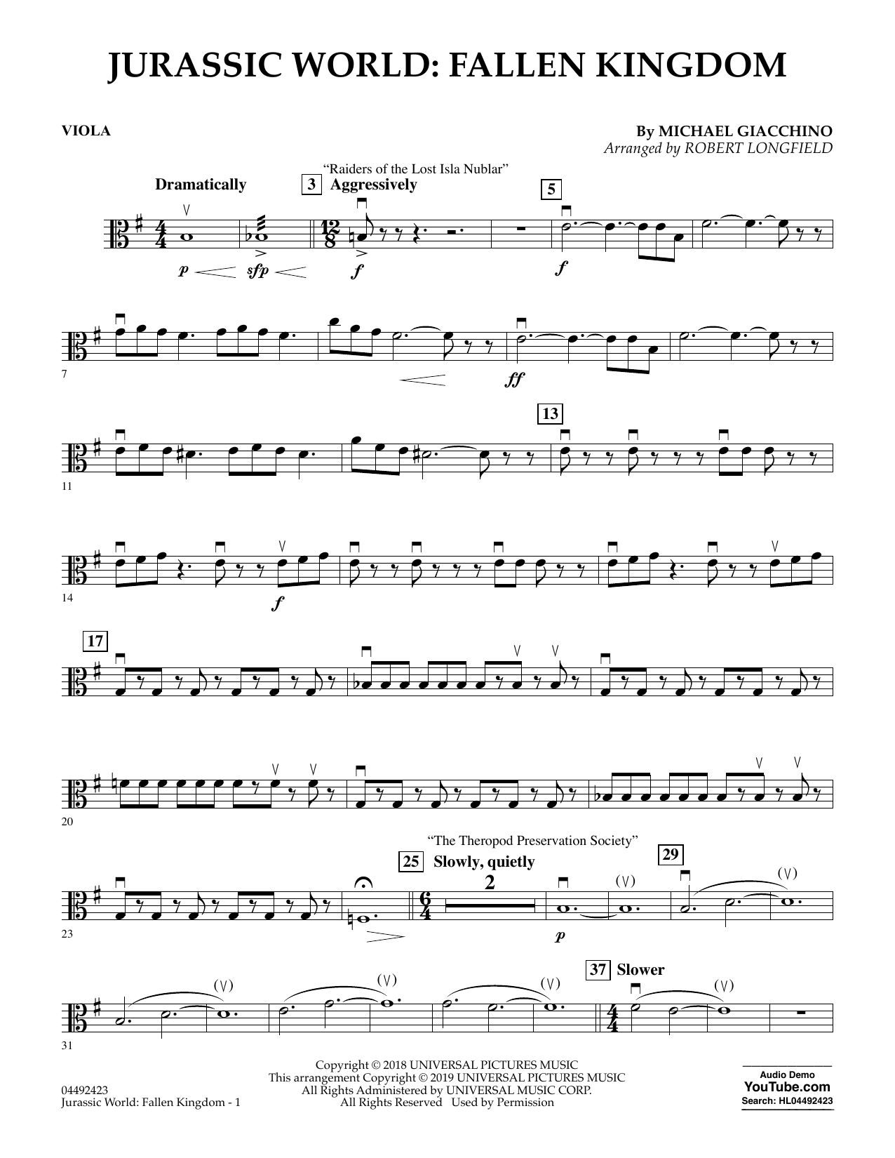 Michael Giacchino Jurassic World: Fallen Kingdom (arr. Robert Longfield) - Viola Sheet Music Notes & Chords for Orchestra - Download or Print PDF