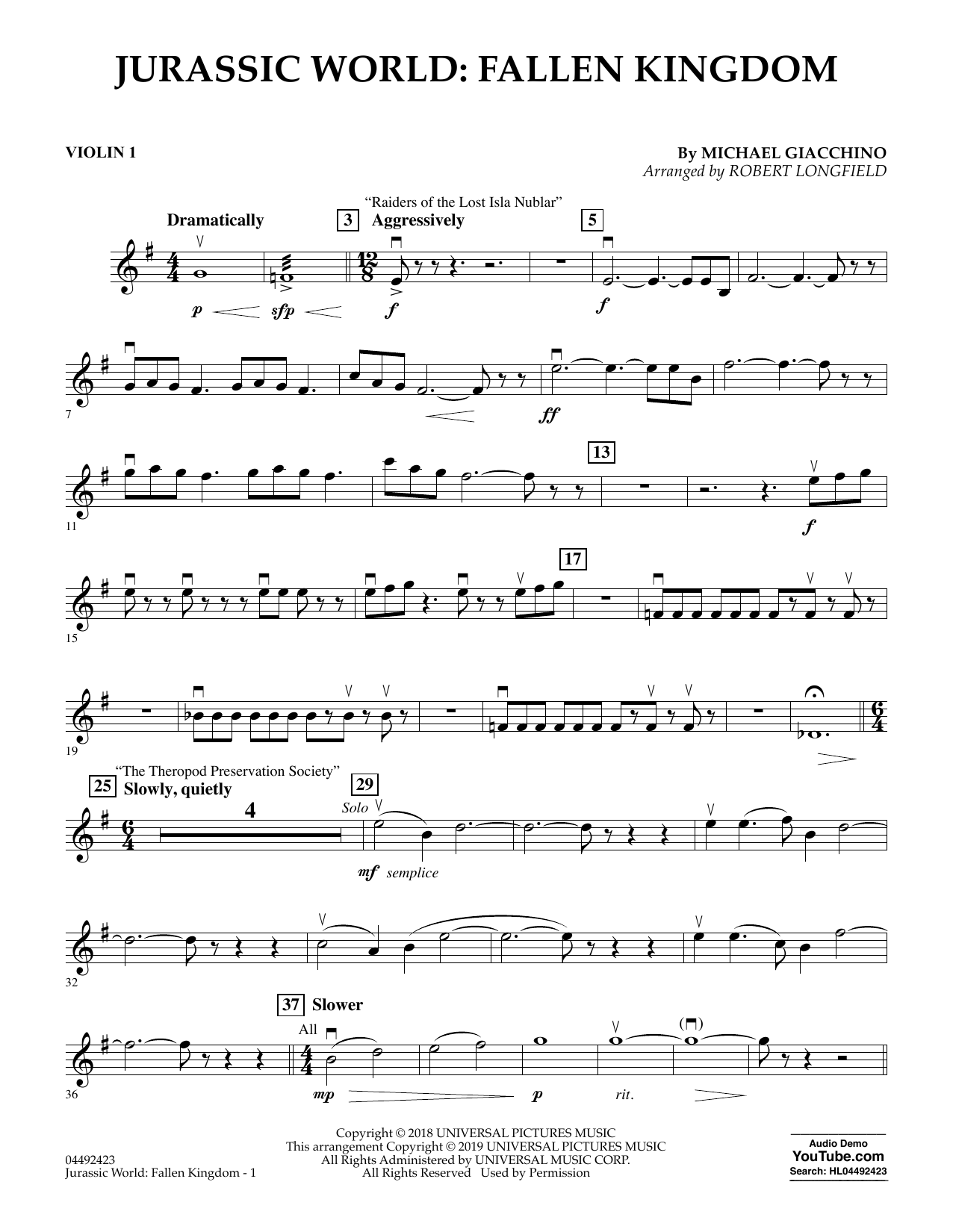 Michael Giacchino Jurassic World: Fallen Kingdom (arr. Robert Longfield) - Violin 1 Sheet Music Notes & Chords for Orchestra - Download or Print PDF