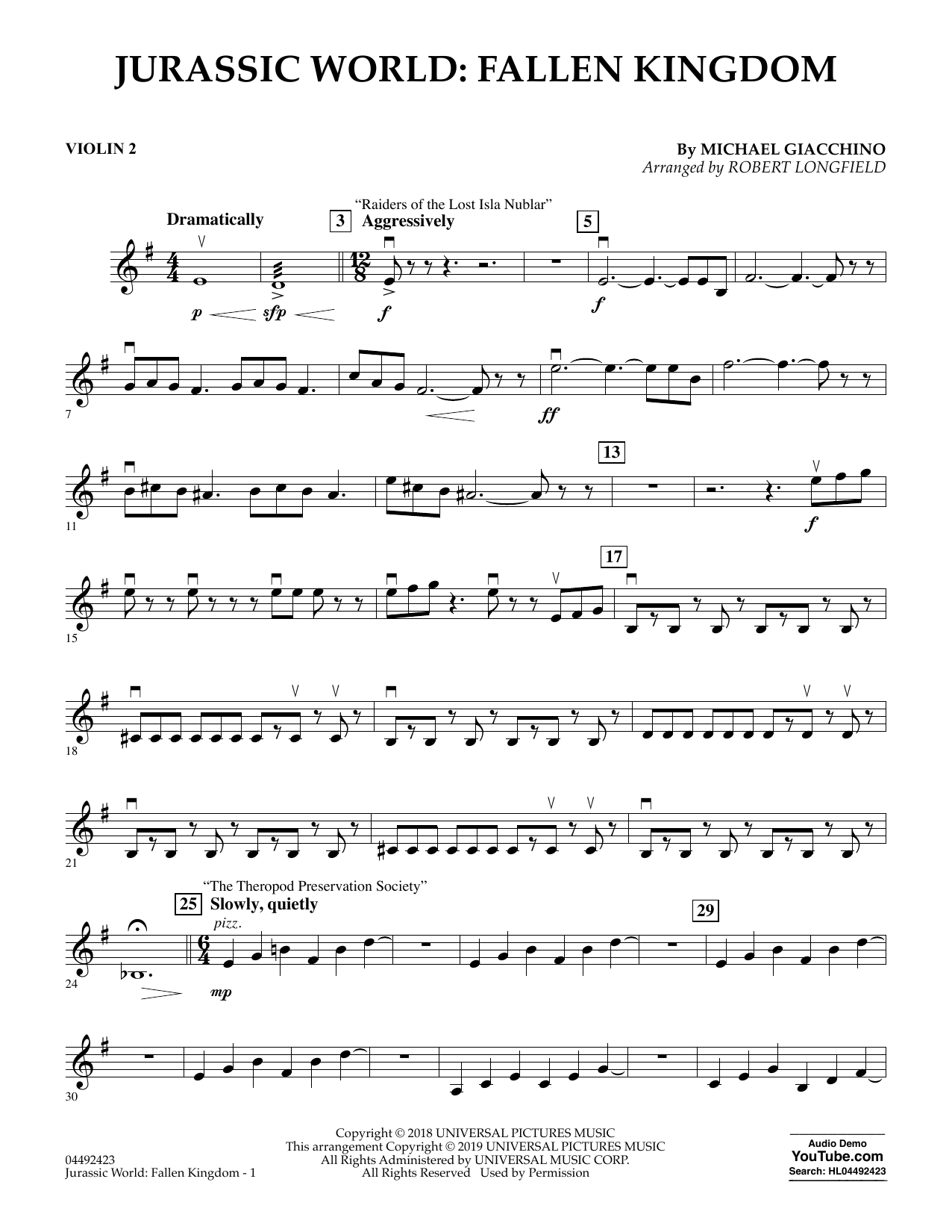 Michael Giacchino Jurassic World: Fallen Kingdom (arr. Robert Longfield) - Violin 2 Sheet Music Notes & Chords for Orchestra - Download or Print PDF