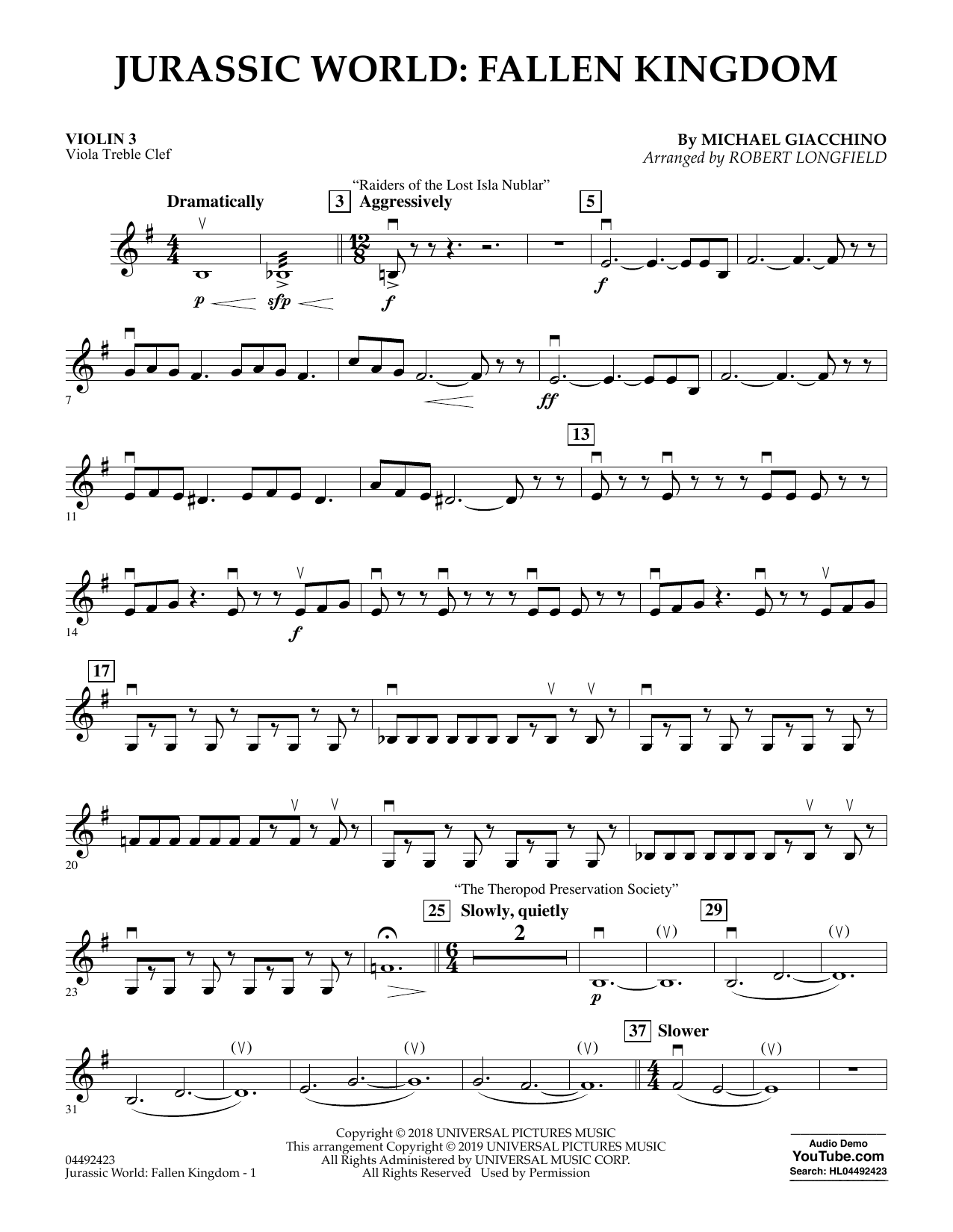 Michael Giacchino Jurassic World: Fallen Kingdom (arr. Robert Longfield) - Violin 3 (Viola Treble Clef) Sheet Music Notes & Chords for Orchestra - Download or Print PDF