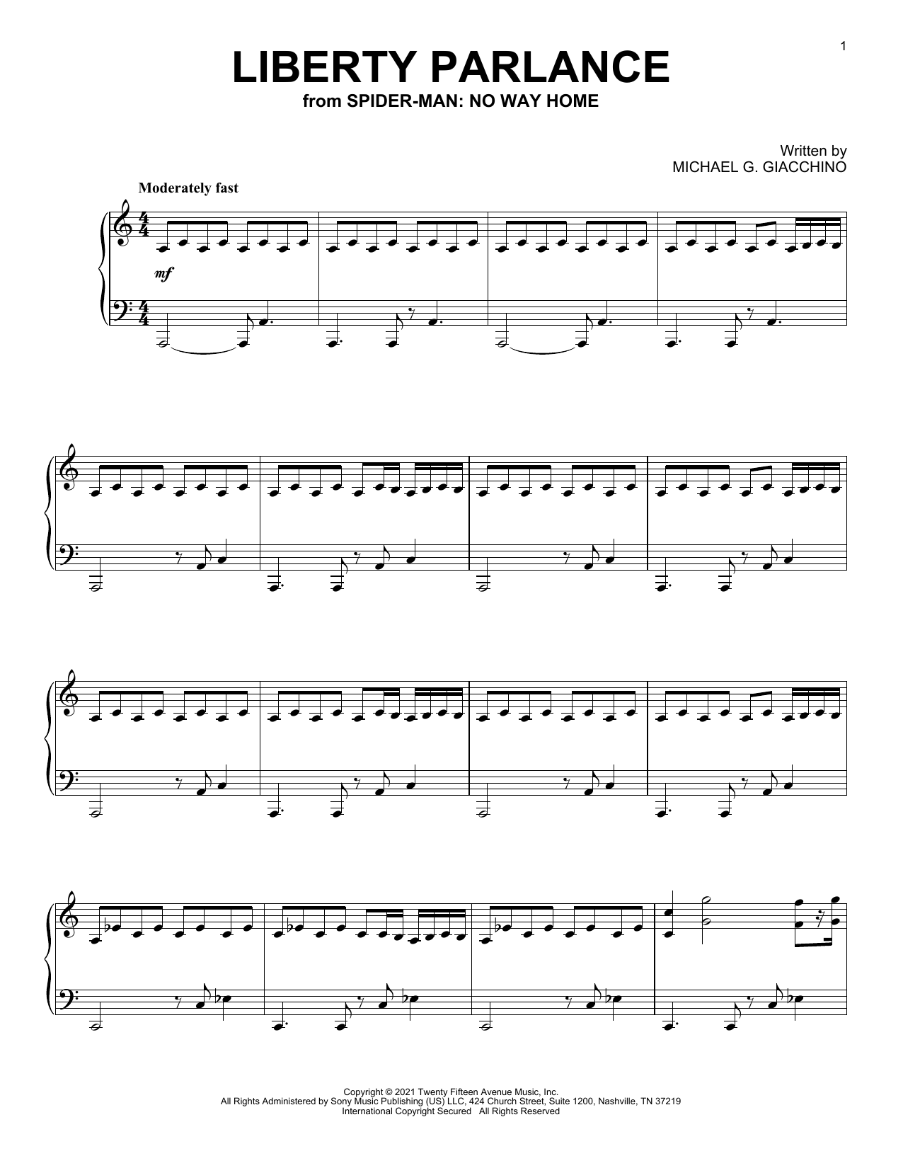 Michael Giacchino Liberty Parlance (from Spider-Man: No Way Home) Sheet Music Notes & Chords for Piano Solo - Download or Print PDF