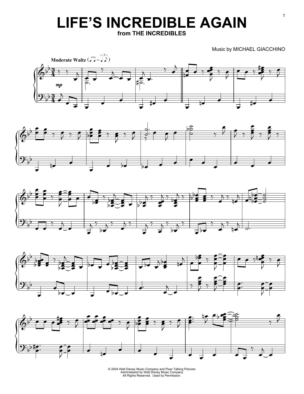 Michael Giacchino Life's Incredible Again (from The Incredibles) Sheet Music Notes & Chords for Piano - Download or Print PDF