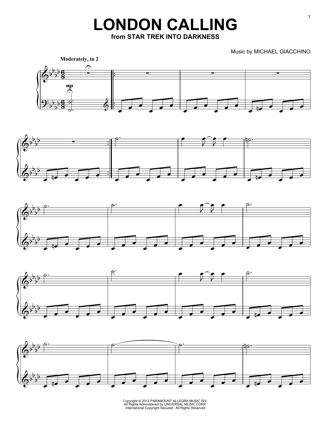 Michael Giacchino London Calling Sheet Music Notes & Chords for Piano - Download or Print PDF