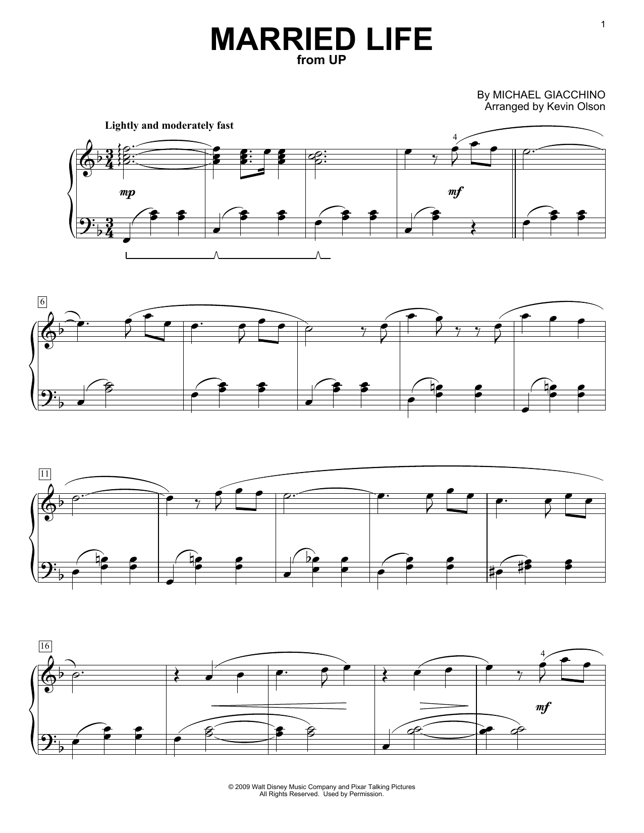 Michael Giacchino Married Life (from Up) (arr. Kevin Olson) Sheet Music Notes & Chords for Easy Piano Solo - Download or Print PDF