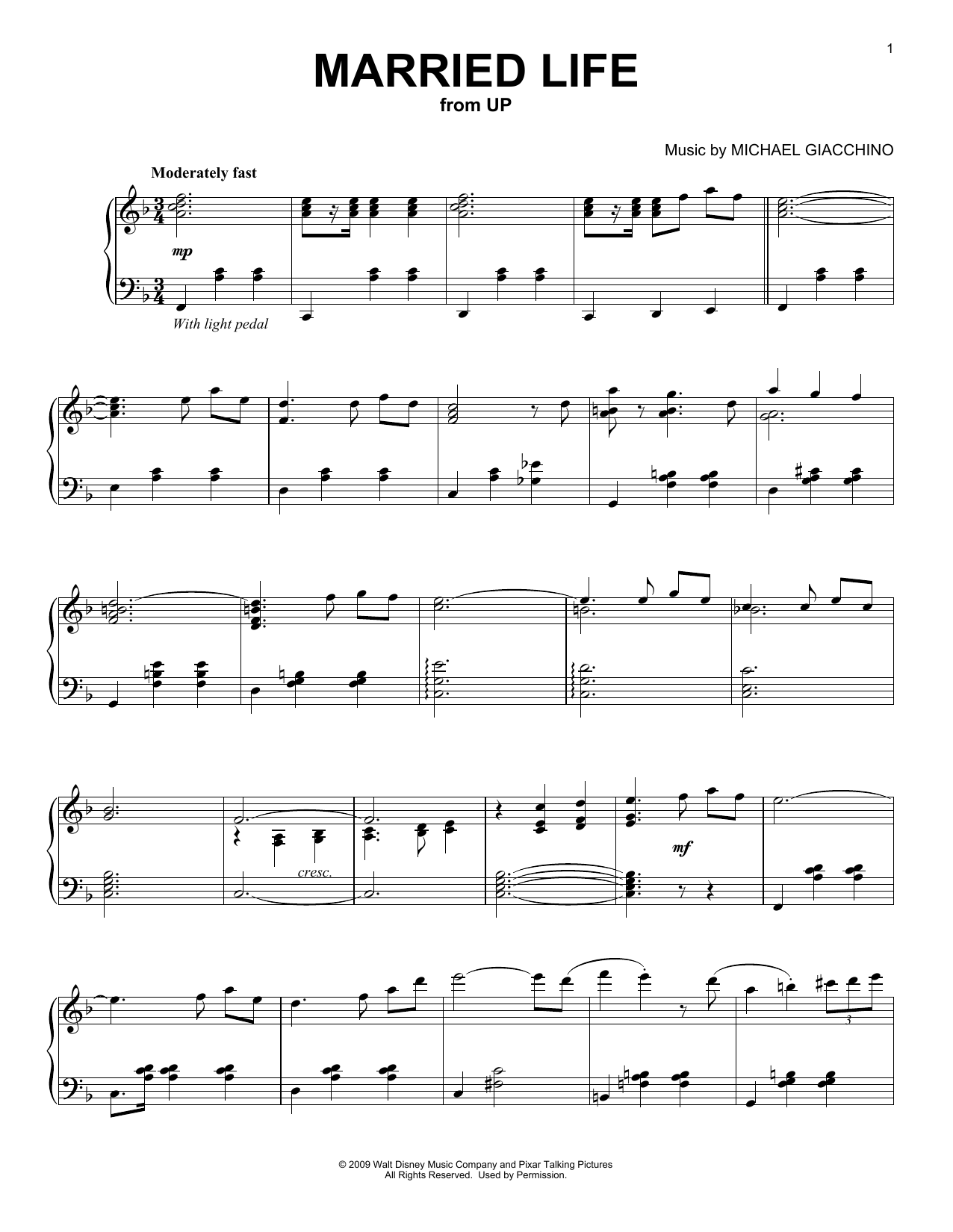 Michael Giacchino Married Life (from Up) Sheet Music Notes & Chords for Piano Duet - Download or Print PDF