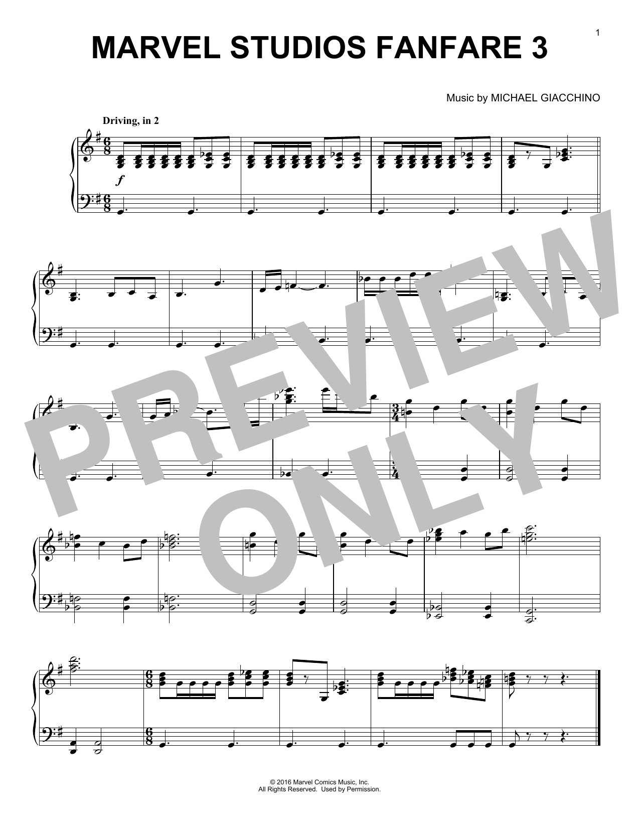 Michael Giacchino Marvel Studios Fanfare 3 Sheet Music Notes & Chords for Piano Solo - Download or Print PDF
