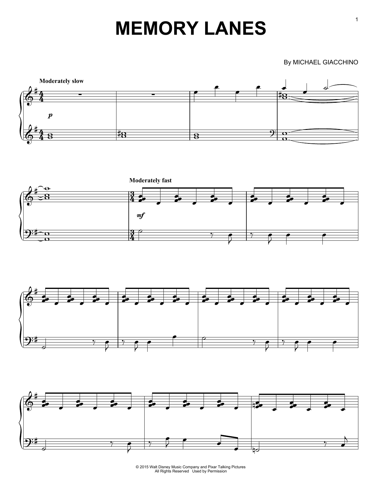 Michael Giacchino Memory Lanes Sheet Music Notes & Chords for Piano - Download or Print PDF