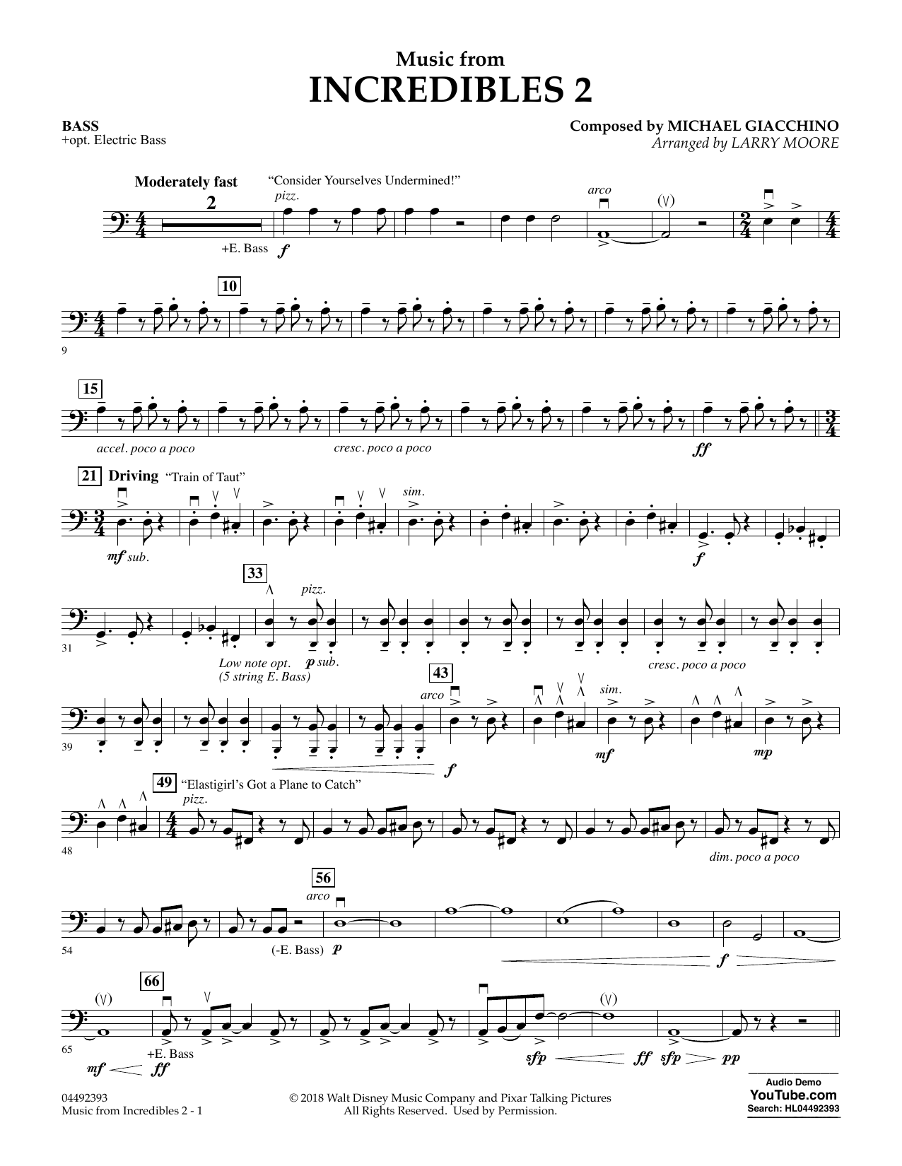 Michael Giacchino Music from Incredibles 2 (arr. Larry Moore) - Bass Sheet Music Notes & Chords for Orchestra - Download or Print PDF