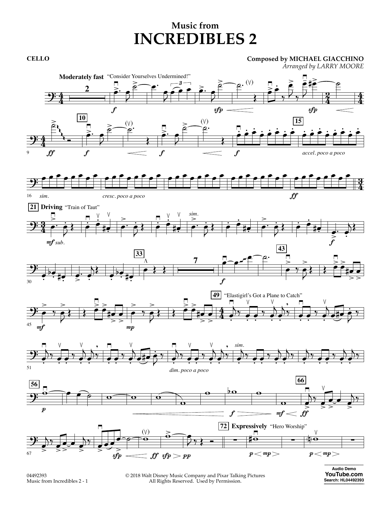 Michael Giacchino Music from Incredibles 2 (arr. Larry Moore) - Cello Sheet Music Notes & Chords for Orchestra - Download or Print PDF
