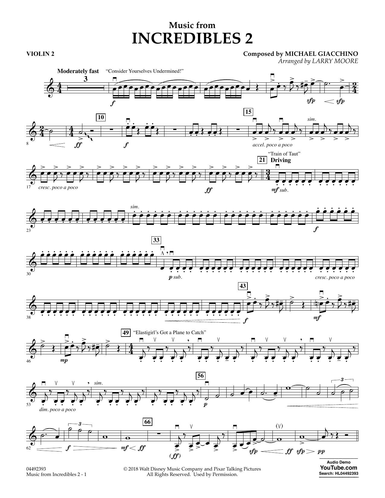 Michael Giacchino Music from Incredibles 2 (arr. Larry Moore) - Violin 2 Sheet Music Notes & Chords for Orchestra - Download or Print PDF
