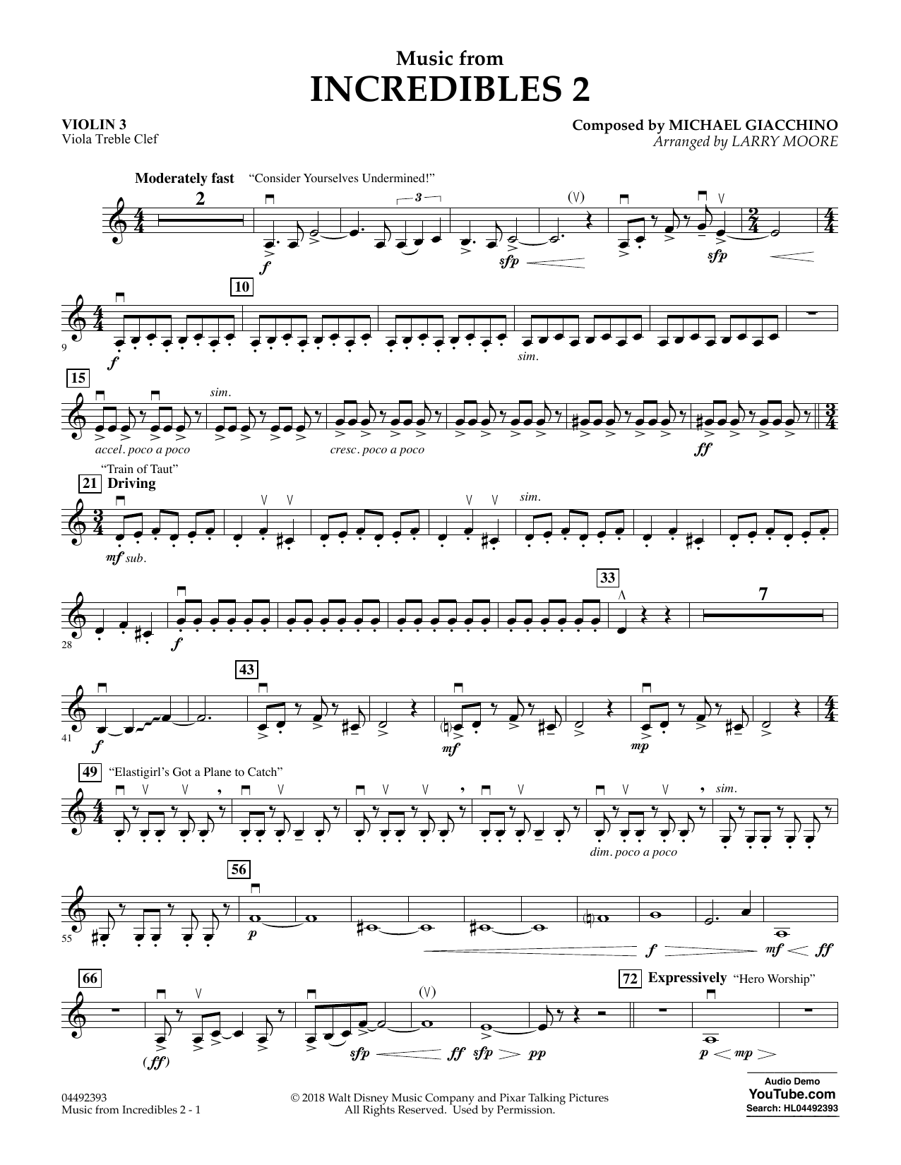 Michael Giacchino Music from Incredibles 2 (arr. Larry Moore) - Violin 3 (Viola Treble Clef) Sheet Music Notes & Chords for Orchestra - Download or Print PDF