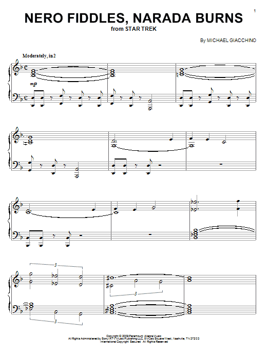 Michael Giacchino Nero Fiddles, Narada Burns Sheet Music Notes & Chords for Piano - Download or Print PDF