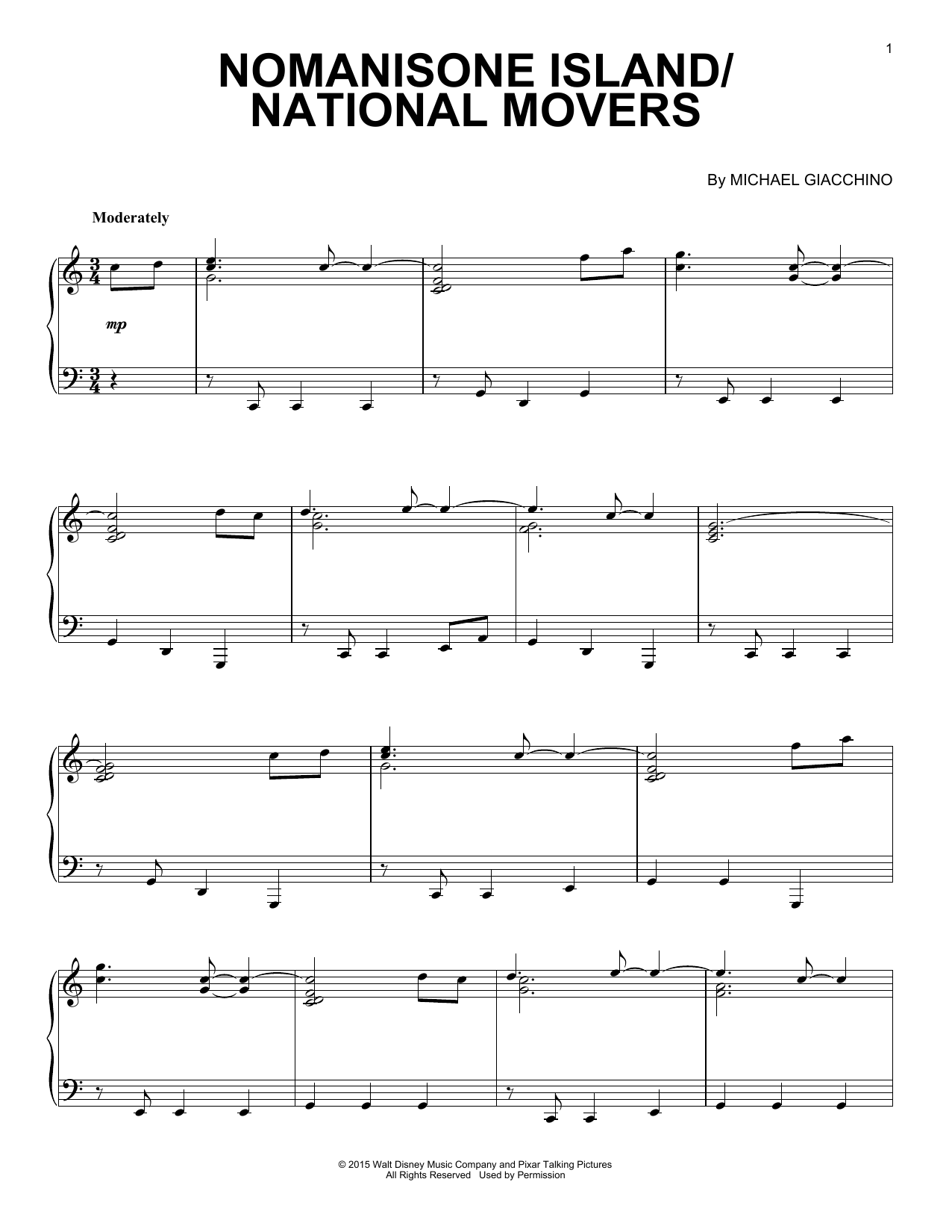 Michael Giacchino Nomanisone Island/National Movers Sheet Music Notes & Chords for Piano - Download or Print PDF