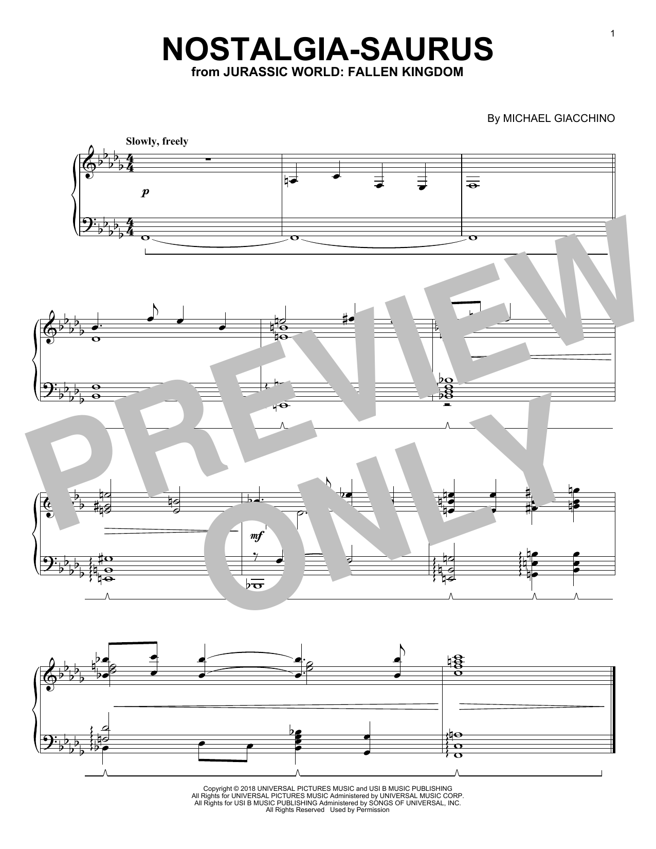 Michael Giacchino Nostalgia-Saurus (from Jurassic World: Fallen Kingdom) Sheet Music Notes & Chords for Piano - Download or Print PDF