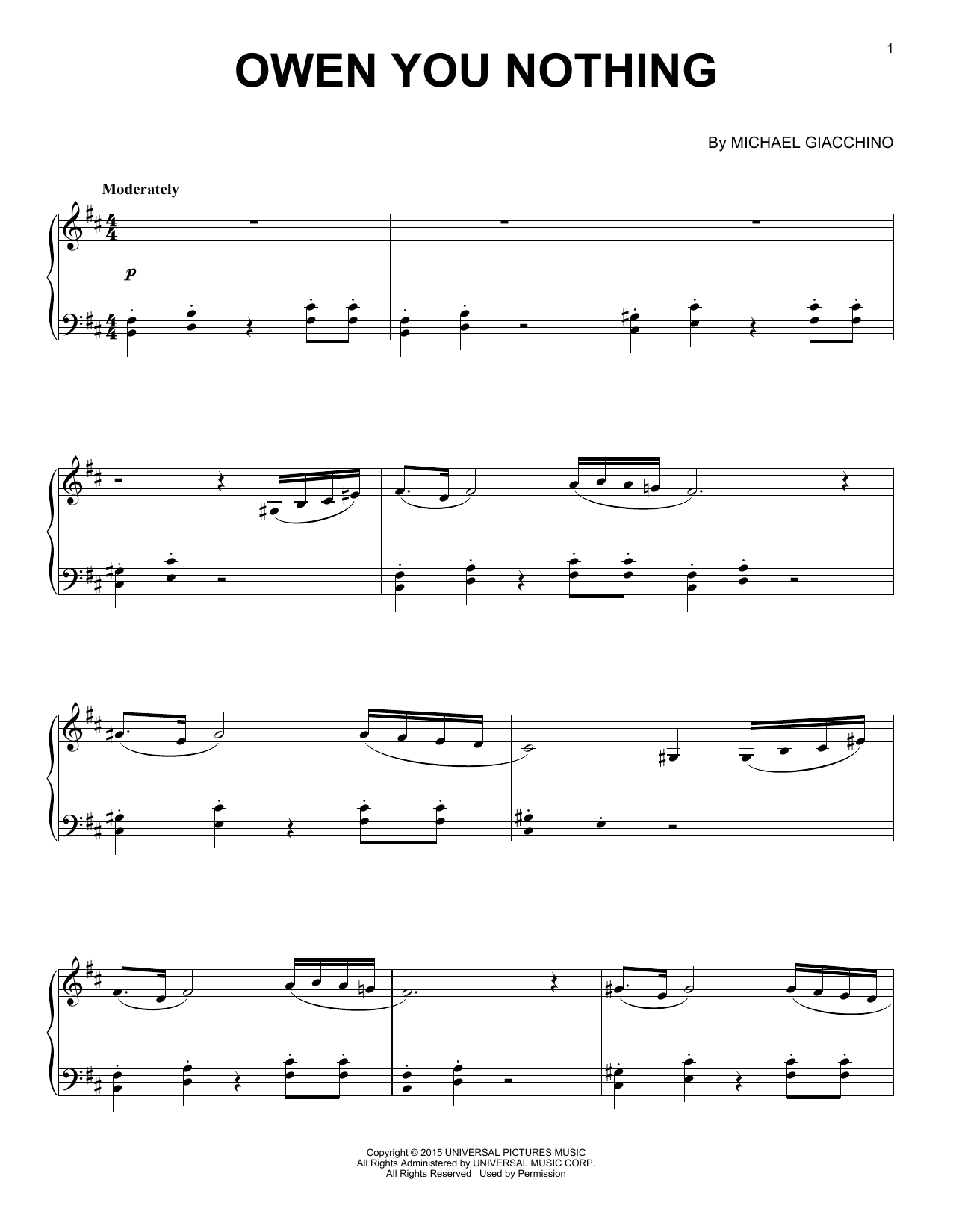 Michael Giacchino Owen You Nothing Sheet Music Notes & Chords for Piano - Download or Print PDF
