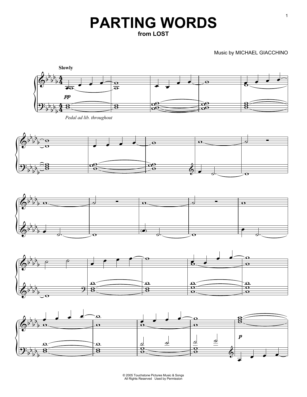 Michael Giacchino Parting Words (from Lost) Sheet Music Notes & Chords for Piano Solo - Download or Print PDF