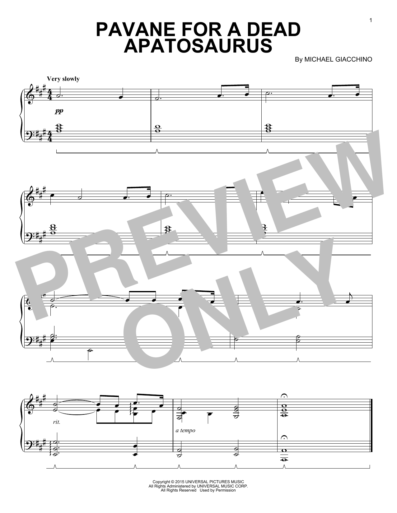 Michael Giacchino Pavane For A Dead Apatosaurus Sheet Music Notes & Chords for Piano - Download or Print PDF