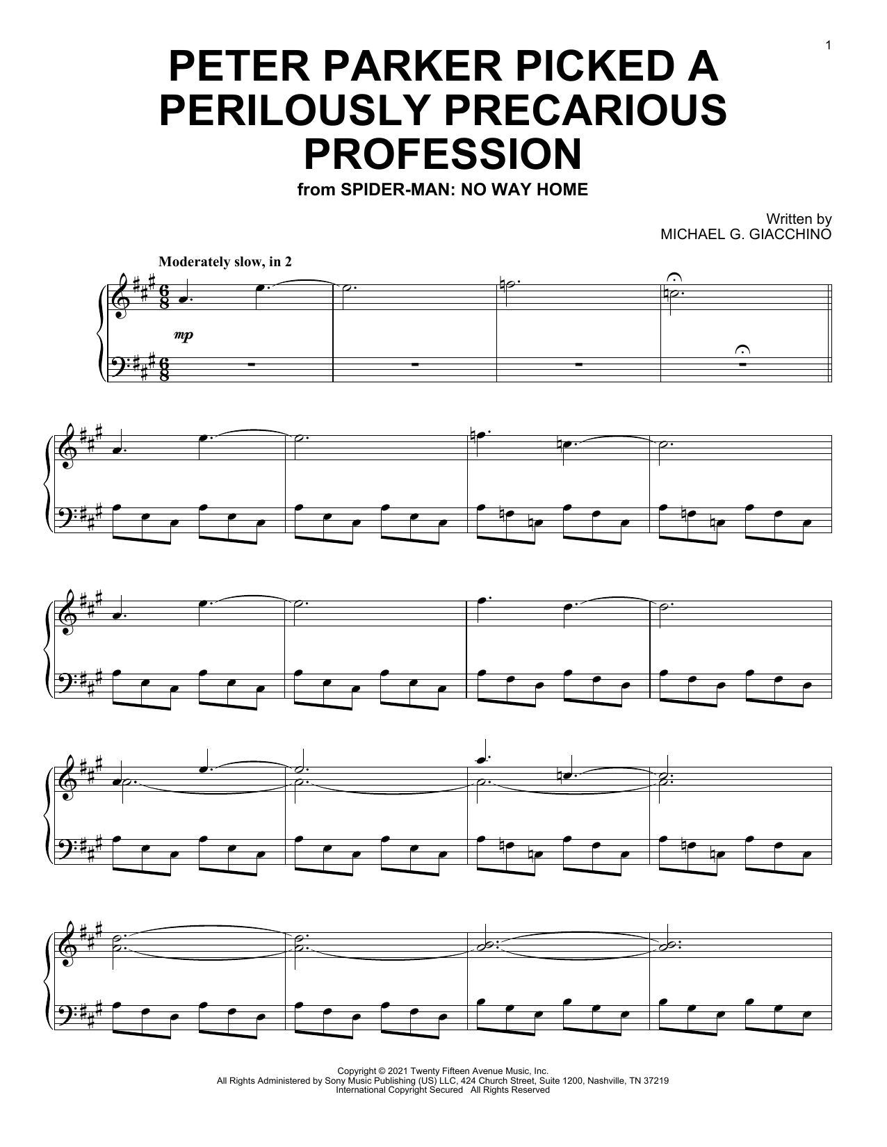 Michael Giacchino Peter Parker Picked A Perilously Precarious Profession (from Spider-Man: No Way Home) Sheet Music Notes & Chords for Piano Solo - Download or Print PDF