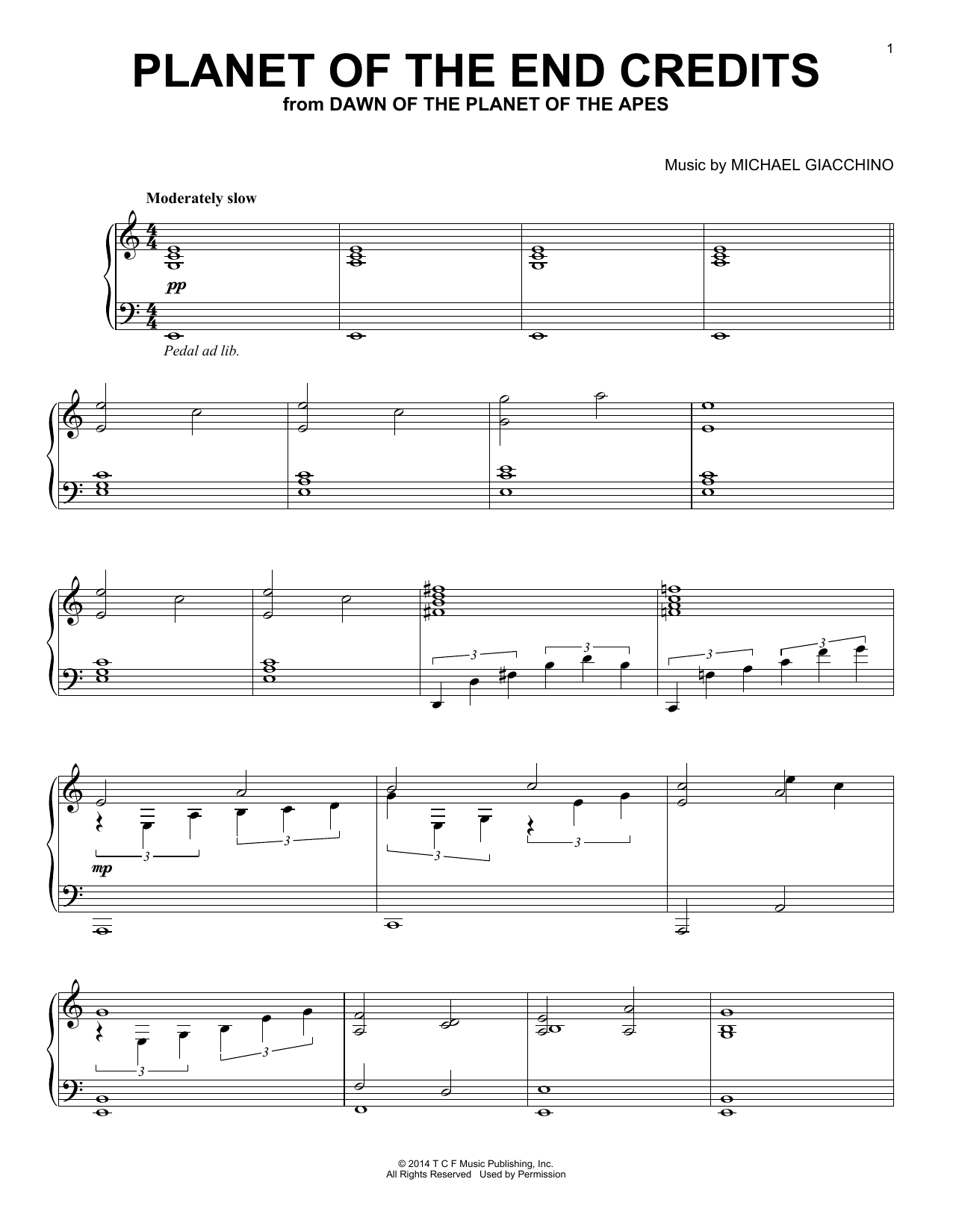 Michael Giacchino Planet Of The End Credits (from Dawn Of The Planet Of The Apes) Sheet Music Notes & Chords for Piano Solo - Download or Print PDF