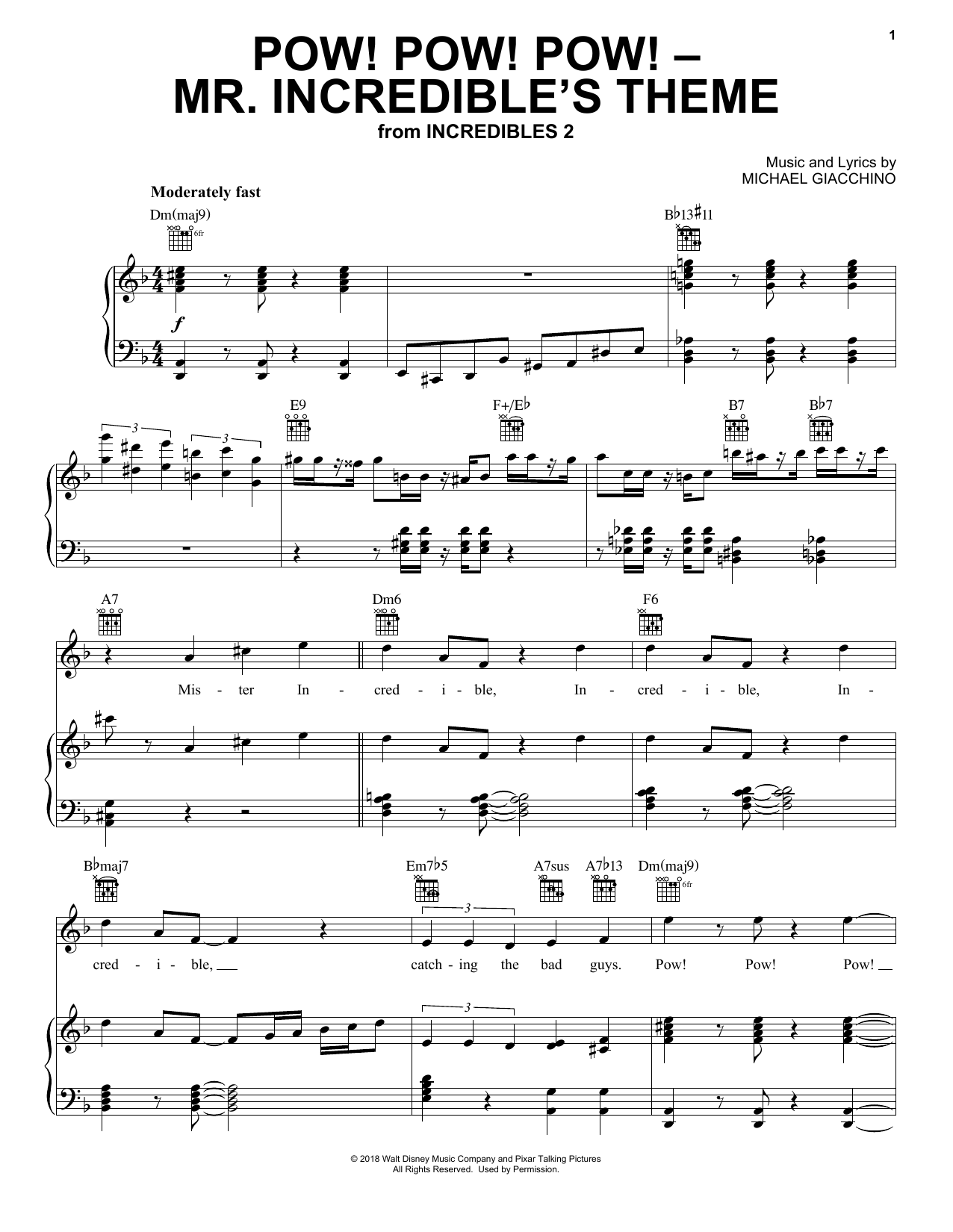 Michael Giacchino Pow! Pow! Pow! - Mr. Incredibles Theme (from Incredibles 2) Sheet Music Notes & Chords for Easy Piano - Download or Print PDF