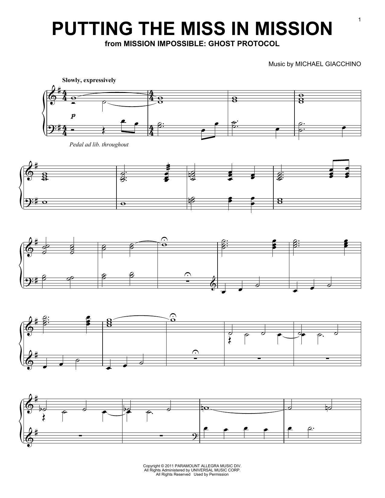 Michael Giacchino Putting The Miss In Mission (from Mission: Impossible - Ghost Protocol) Sheet Music Notes & Chords for Piano Solo - Download or Print PDF